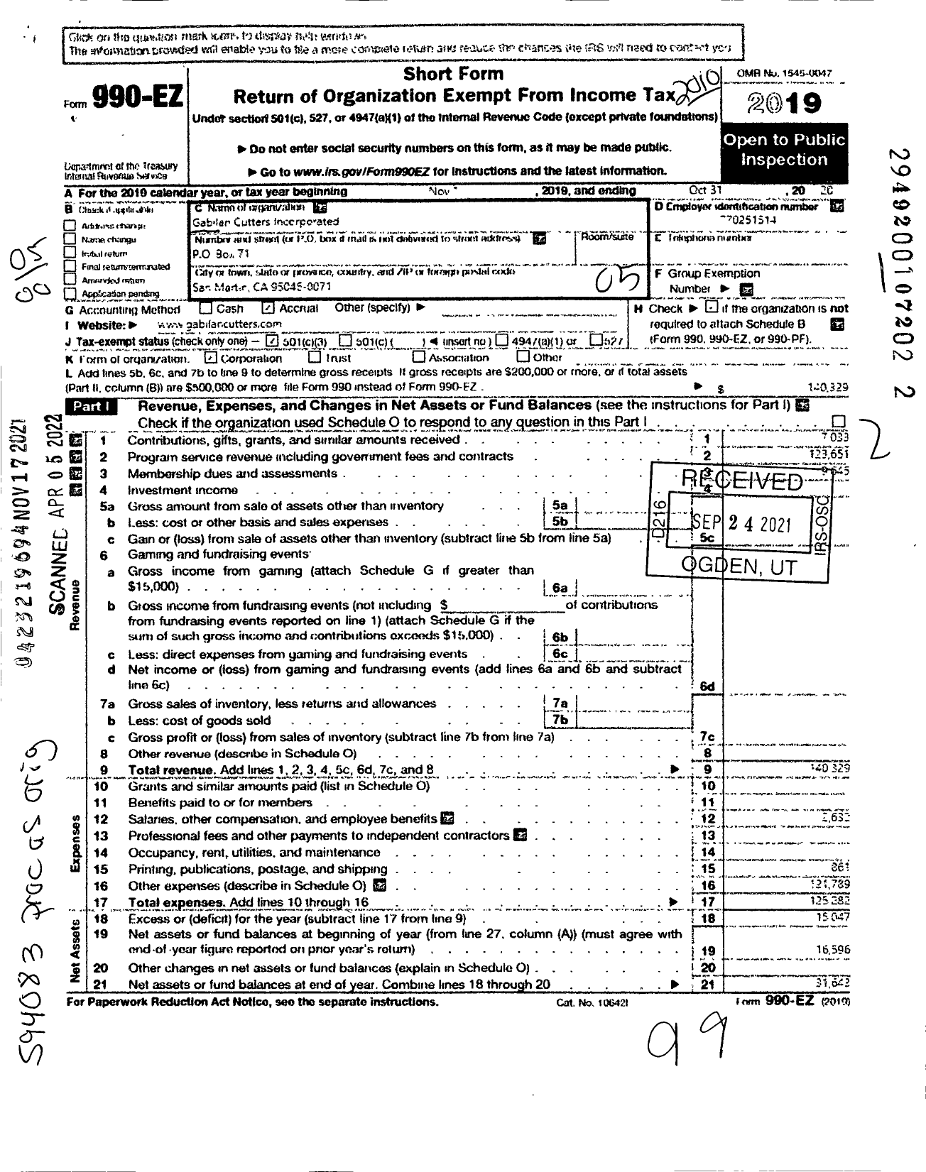 Image of first page of 2019 Form 990EO for Gabilan Cutters Incorporated