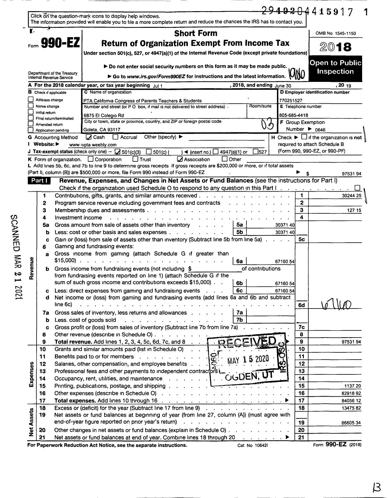 Image of first page of 2018 Form 990EZ for California State PTA - Isla Vista Elementary PTA