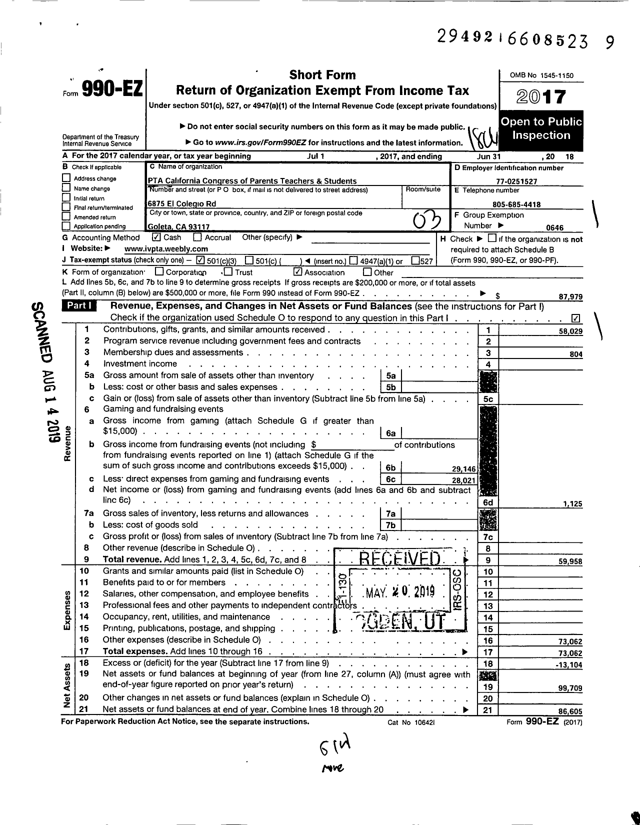 Image of first page of 2017 Form 990EZ for California State PTA - Isla Vista Elementary PTA