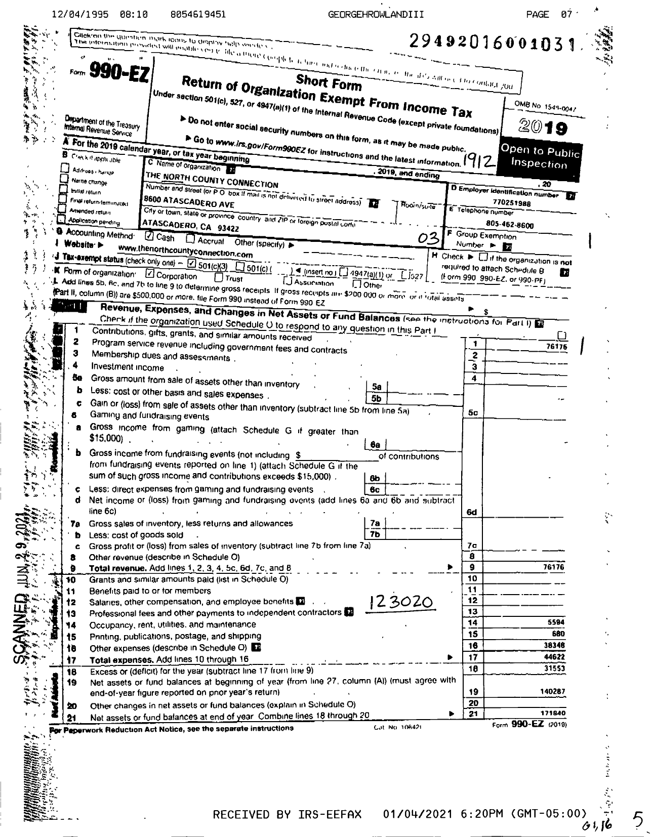Image of first page of 2019 Form 990EZ for North County Connection