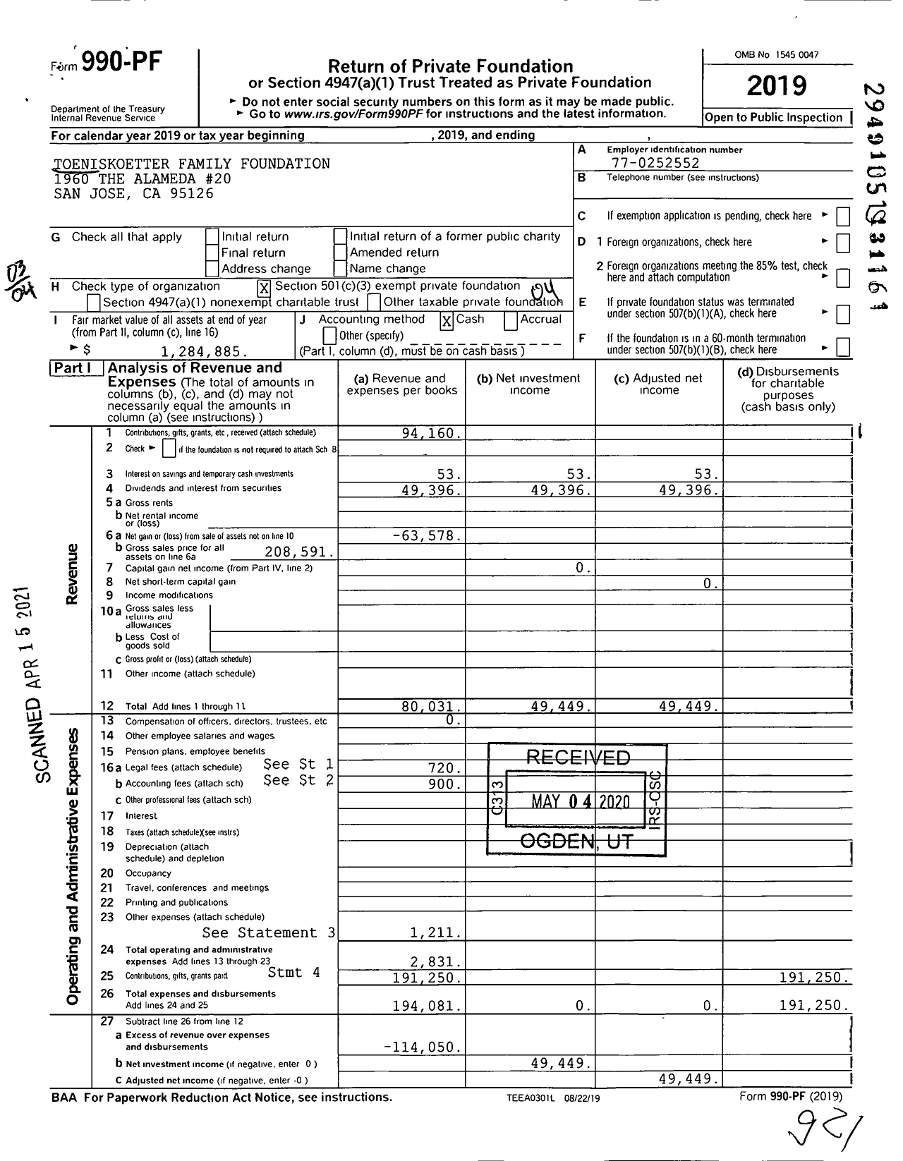 Image of first page of 2019 Form 990PF for Toeniskoetter Family Foundation