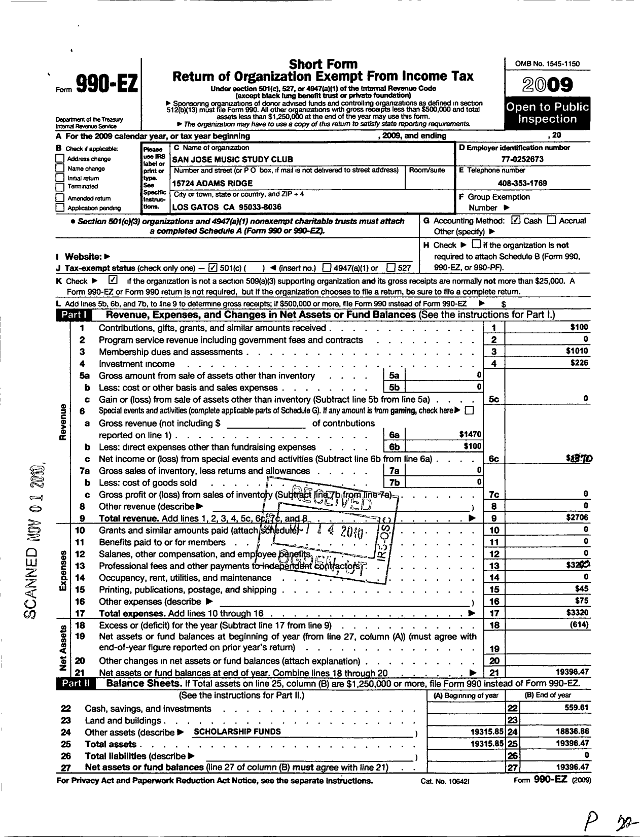Image of first page of 2009 Form 990EO for San Jose Music Study Club