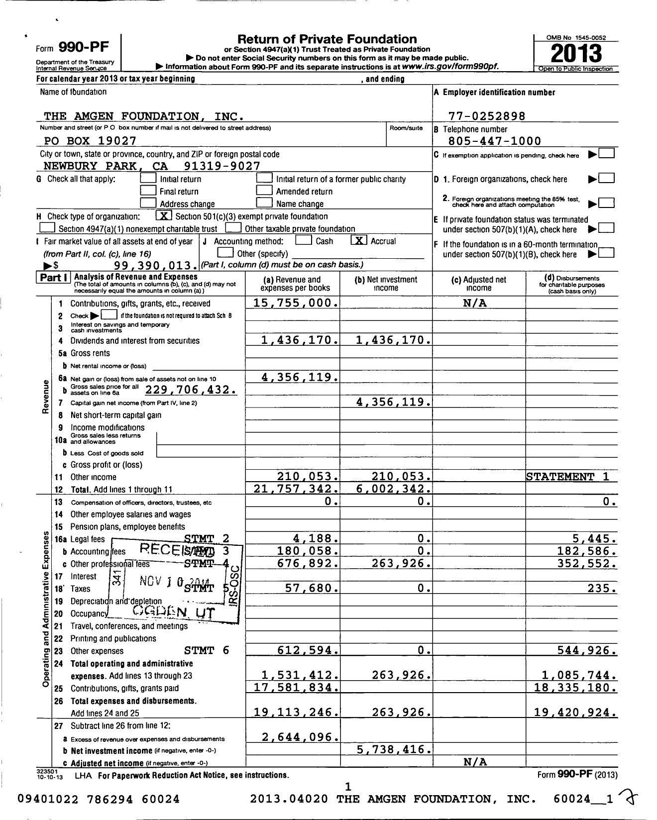 Image of first page of 2013 Form 990PF for The Amgen Foundation