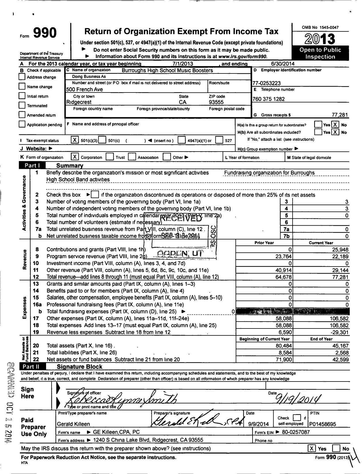 Image of first page of 2013 Form 990 for Burroughs High School Music Boosters