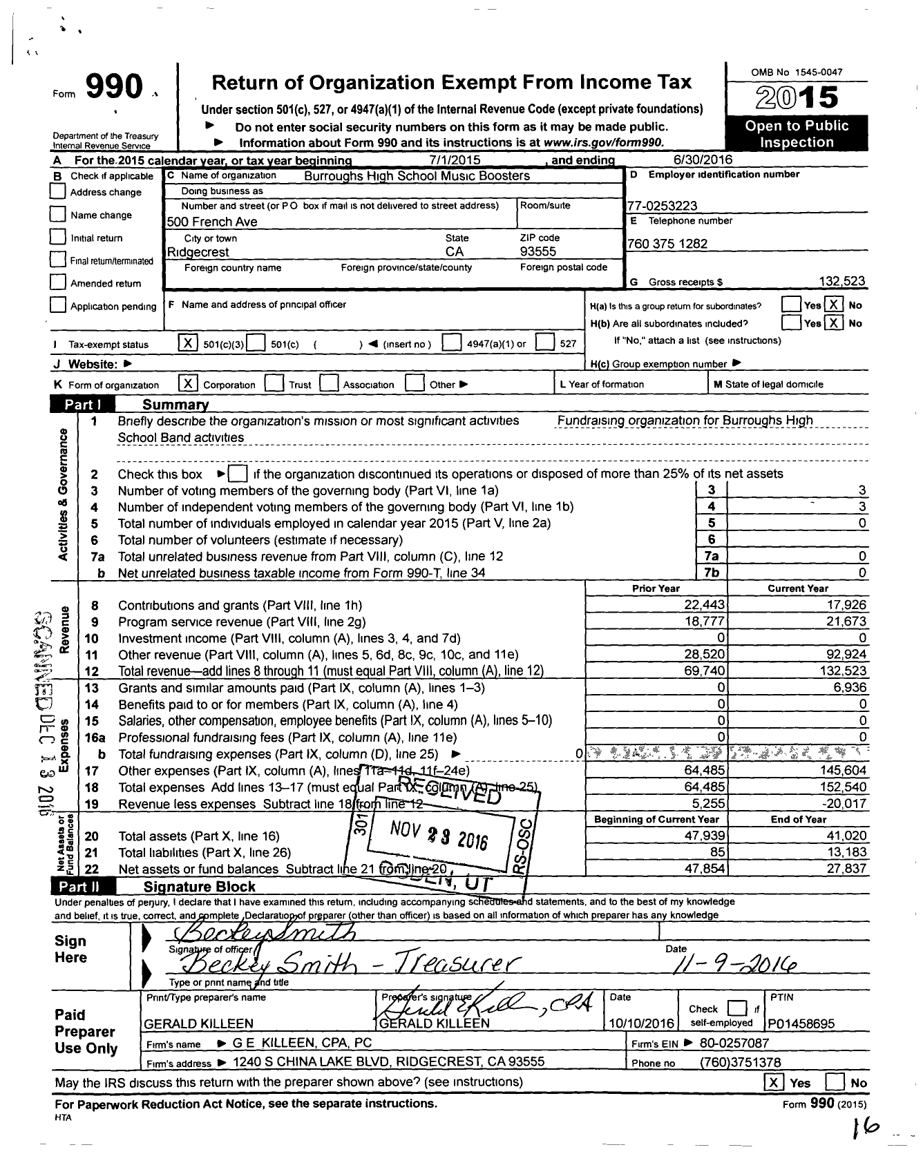 Image of first page of 2015 Form 990 for Burroughs High School Music Boosters