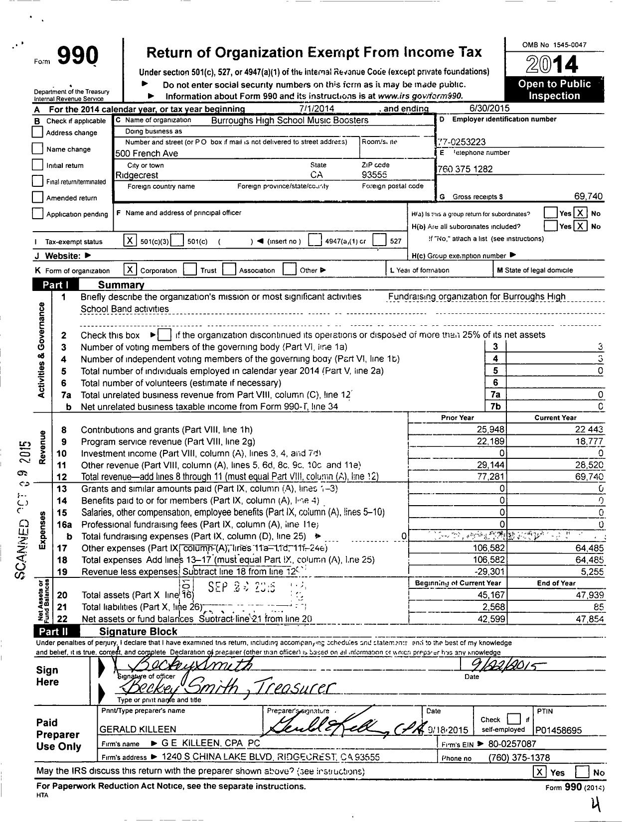 Image of first page of 2014 Form 990 for Burroughs High School Music Boosters