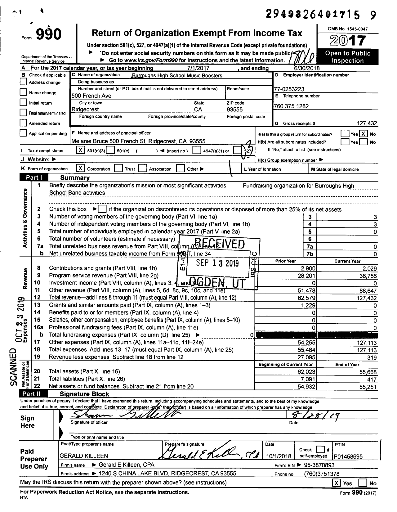 Image of first page of 2017 Form 990 for Burroughs High School Music Boosters