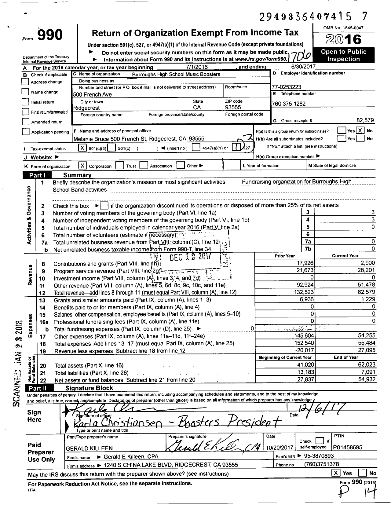 Image of first page of 2016 Form 990 for Burroughs High School Music Boosters