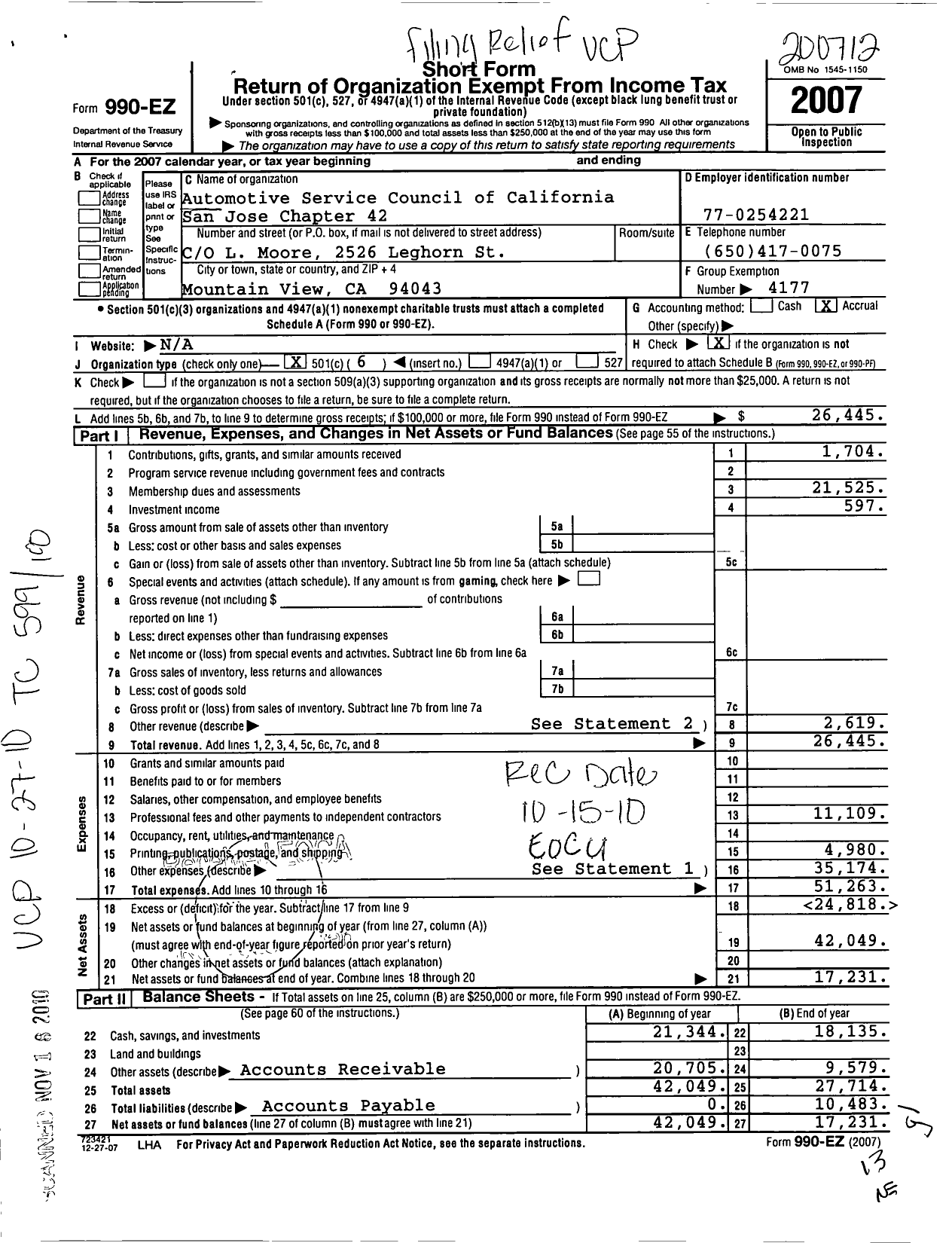 Image of first page of 2007 Form 990EO for Automotive Service Councils of California - 42 San Jose