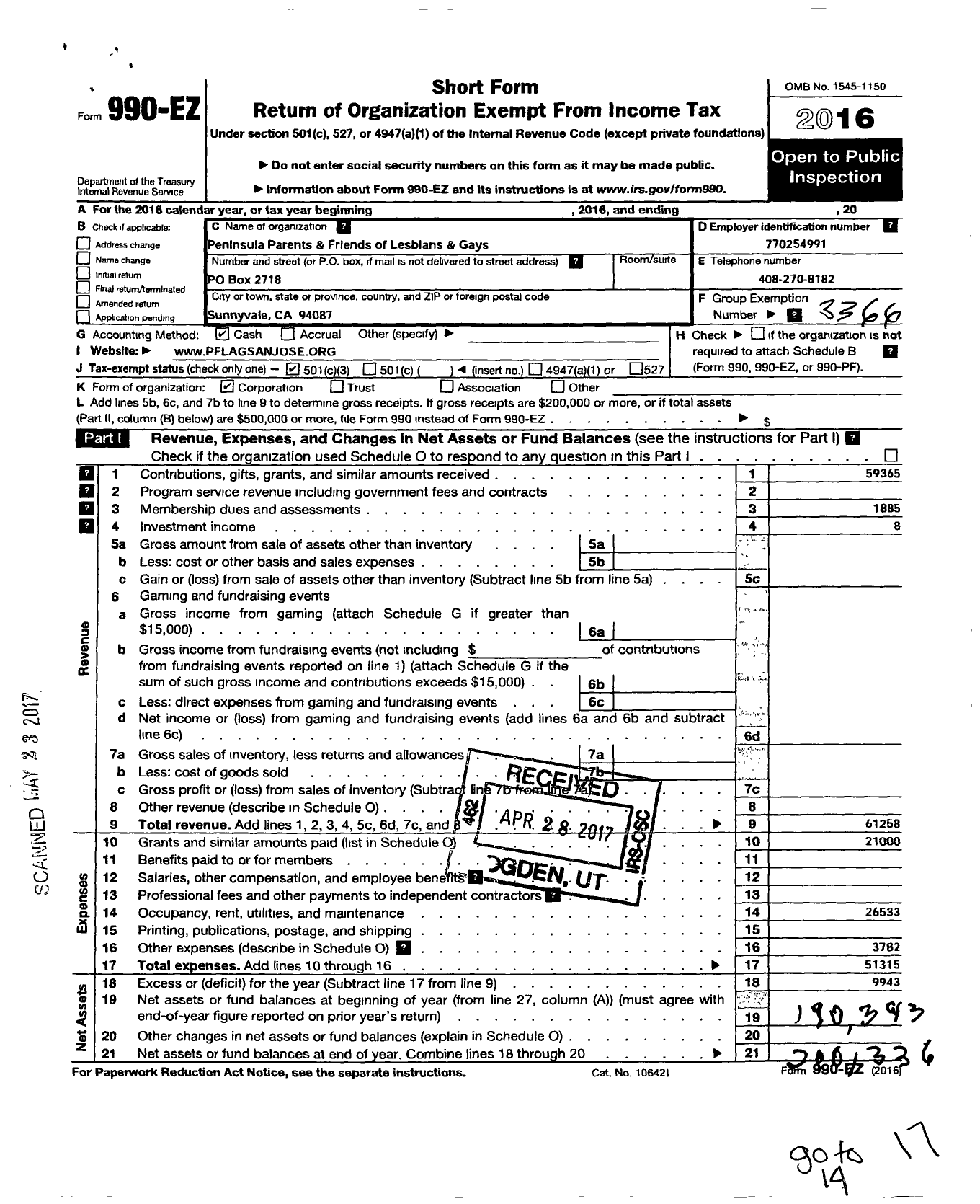 Image of first page of 2016 Form 990EZ for Pflag San Jose Peninsula