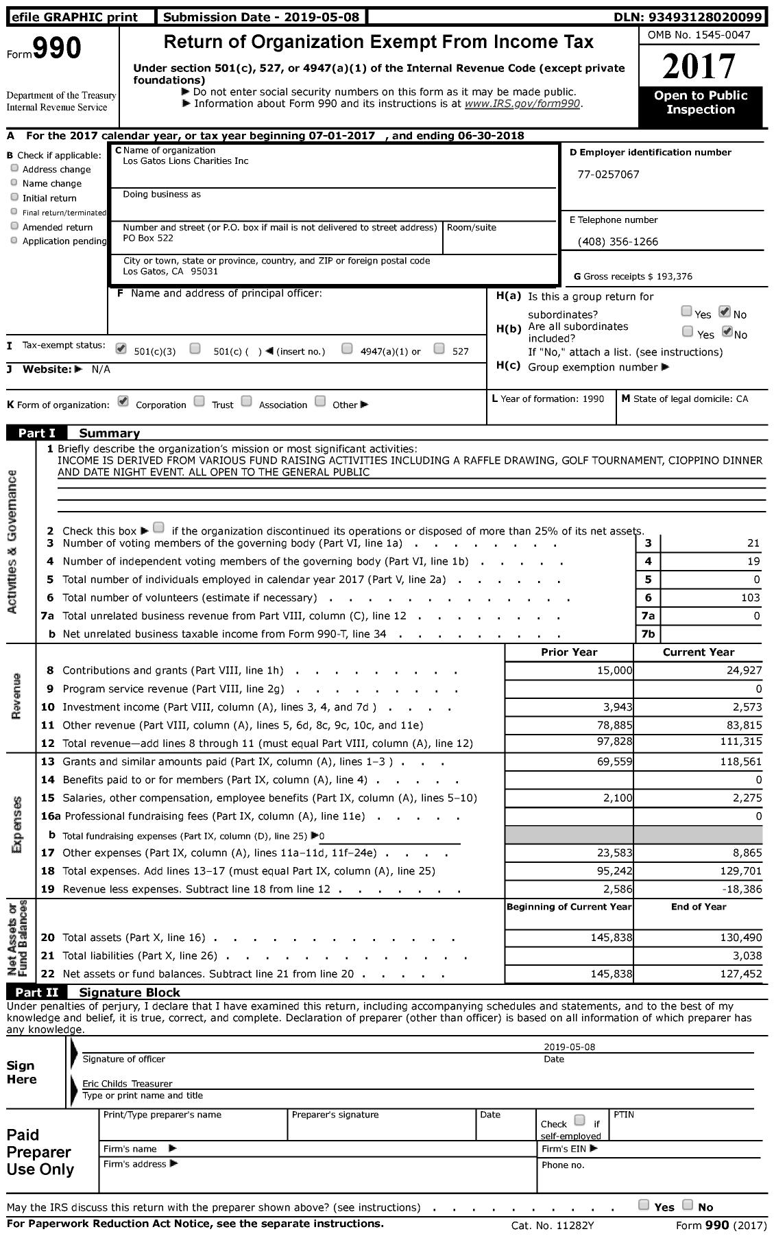 Image of first page of 2017 Form 990 for Los Gatos Lions Charities