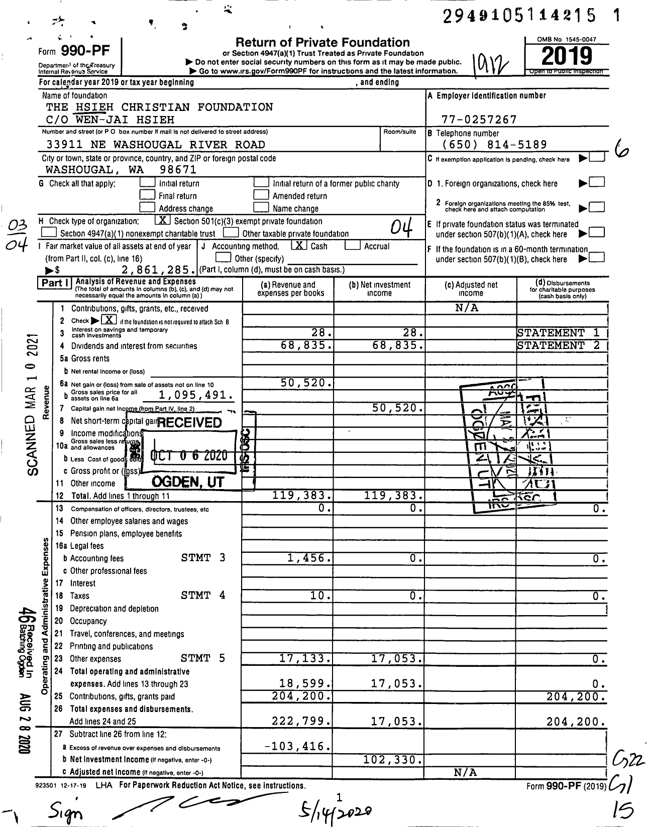 Image of first page of 2019 Form 990PF for The Hsieh Christian Foundation