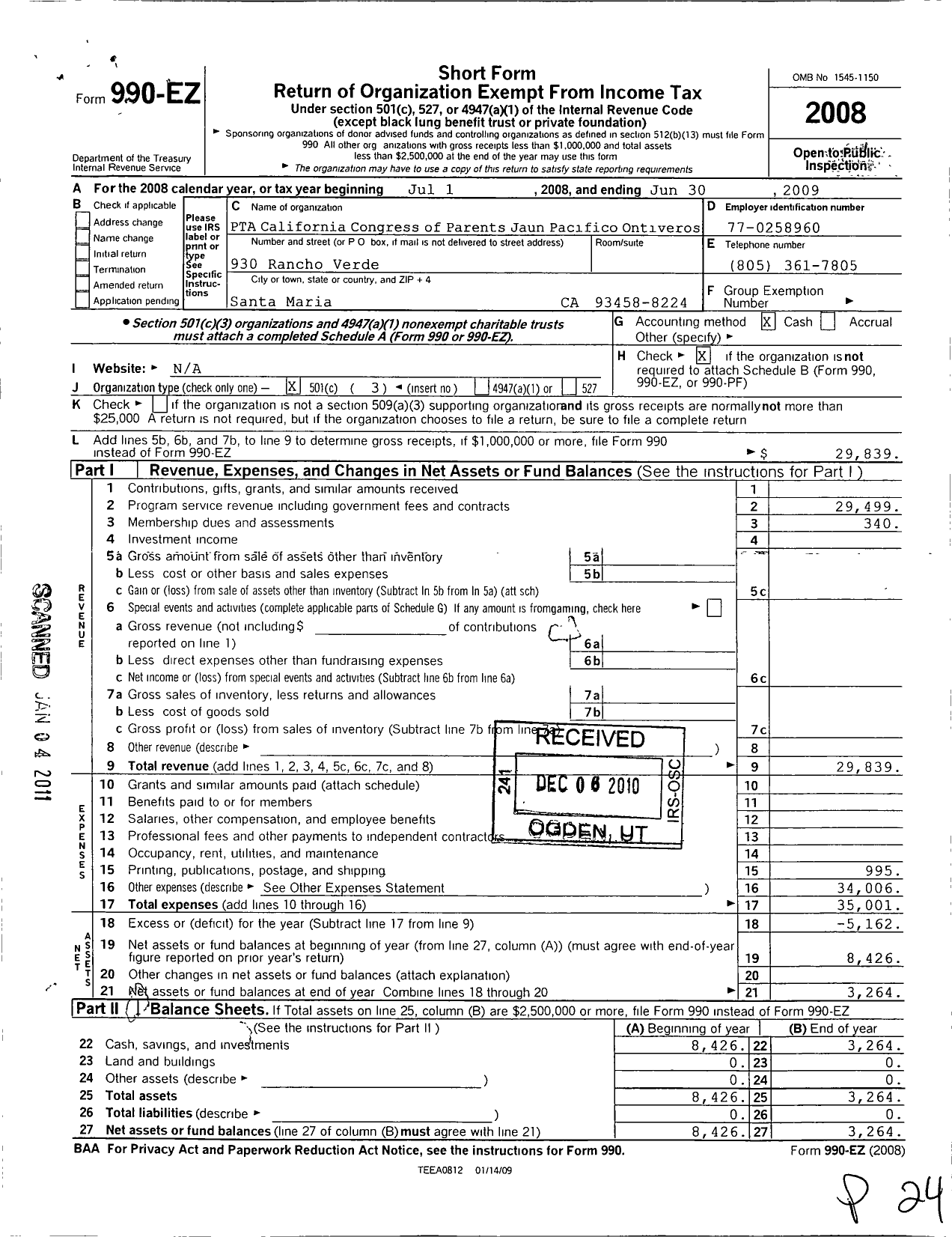 Image of first page of 2008 Form 990EZ for California State PTA - Juan Pacifico Ontiveros Elementary