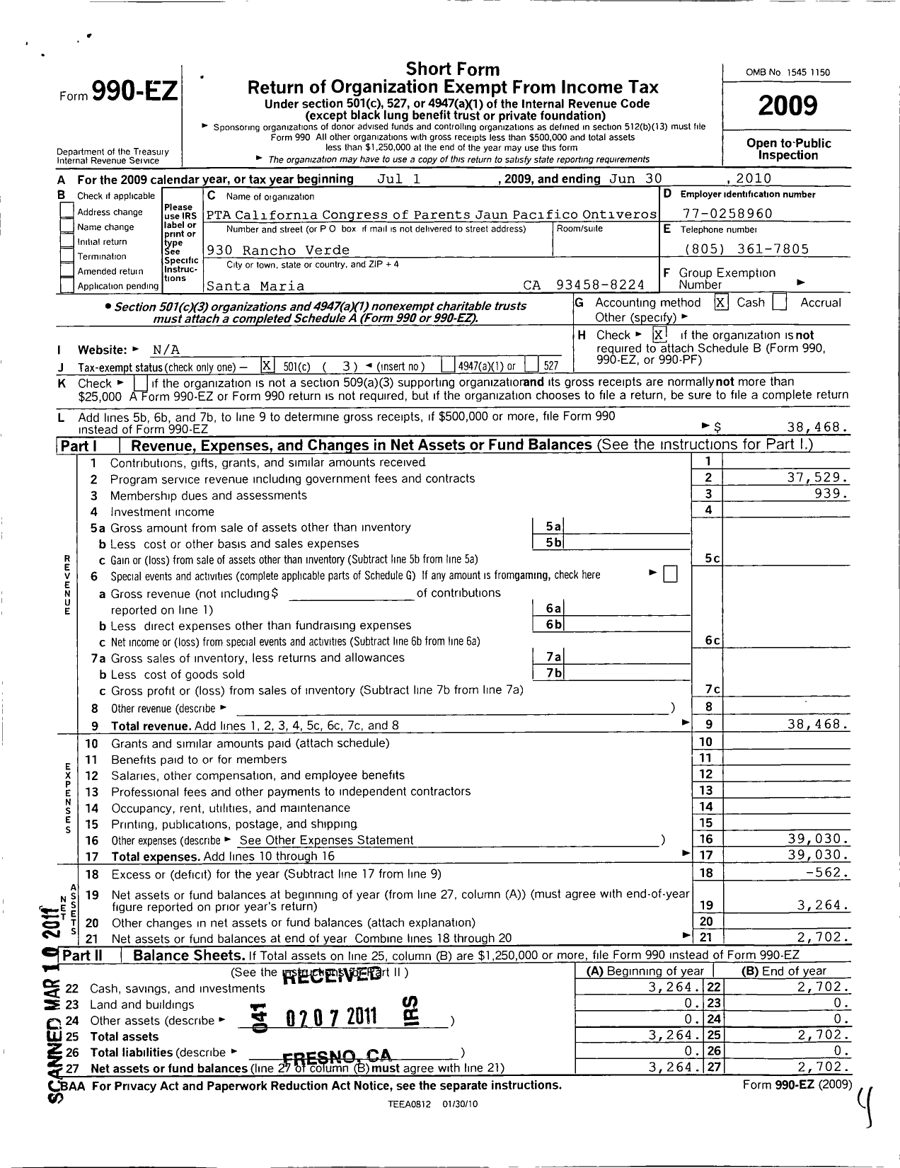 Image of first page of 2009 Form 990EZ for California State PTA - Juan Pacifico Ontiveros Elementary