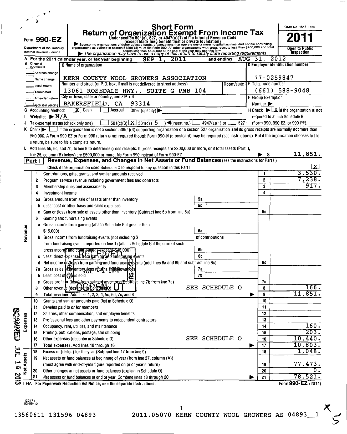 Image of first page of 2011 Form 990EO for Kern County Wool Growers Association