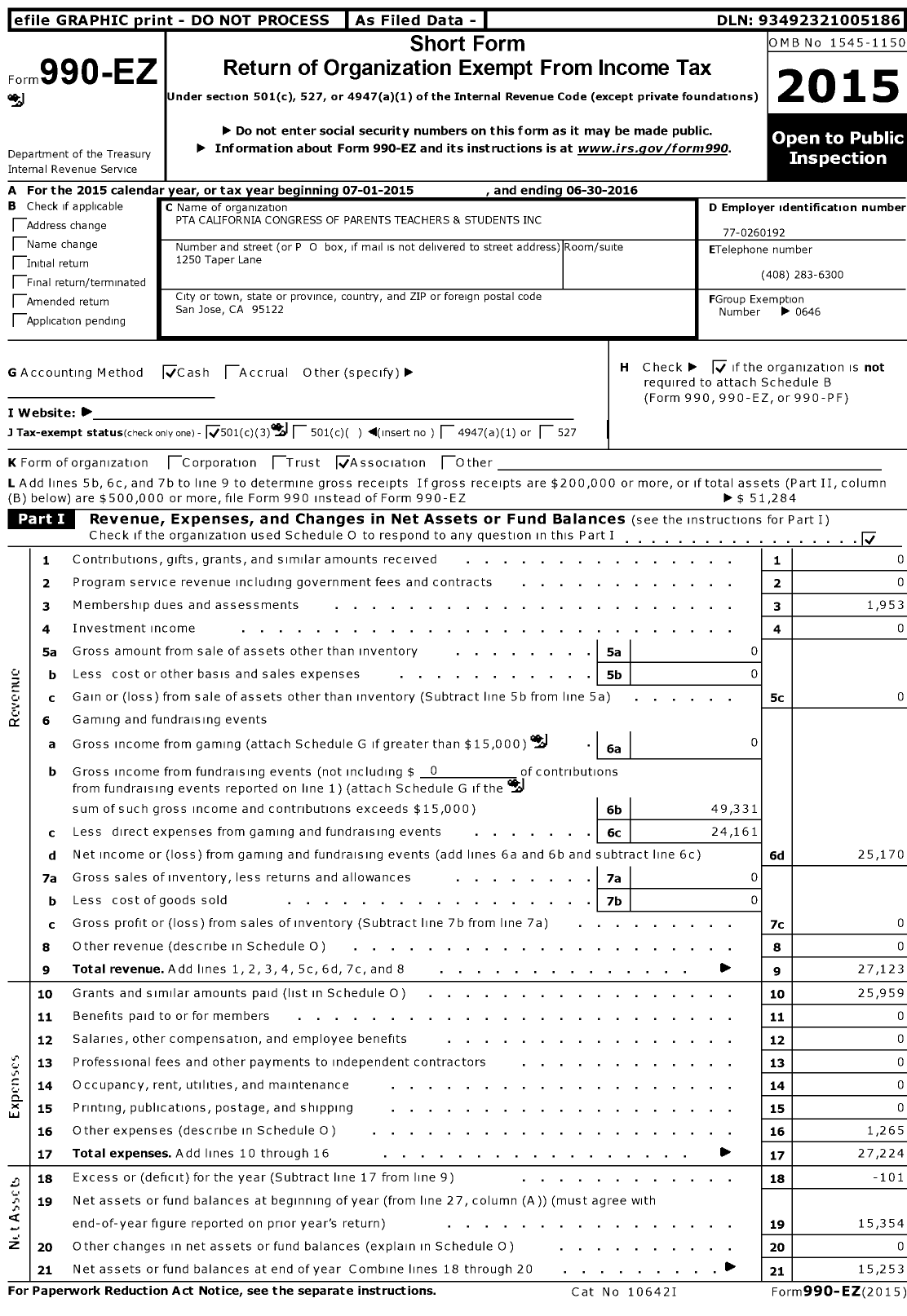 Image of first page of 2015 Form 990EZ for California State PTA - Jeanne R Meadows Elementary PTA