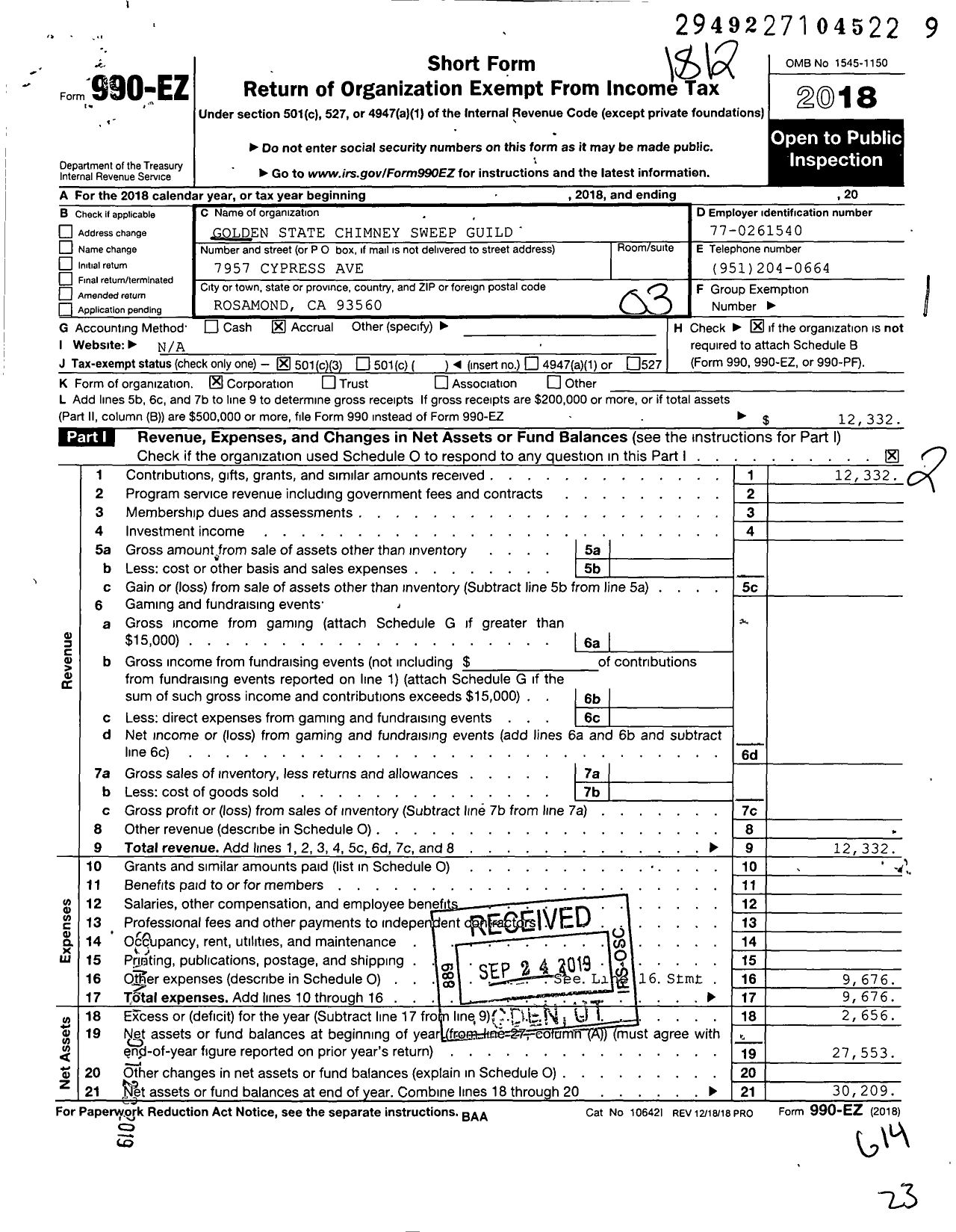 Image of first page of 2018 Form 990EZ for Golden State Chimney Sweep Guild Golden State Chimney Sweep Guild