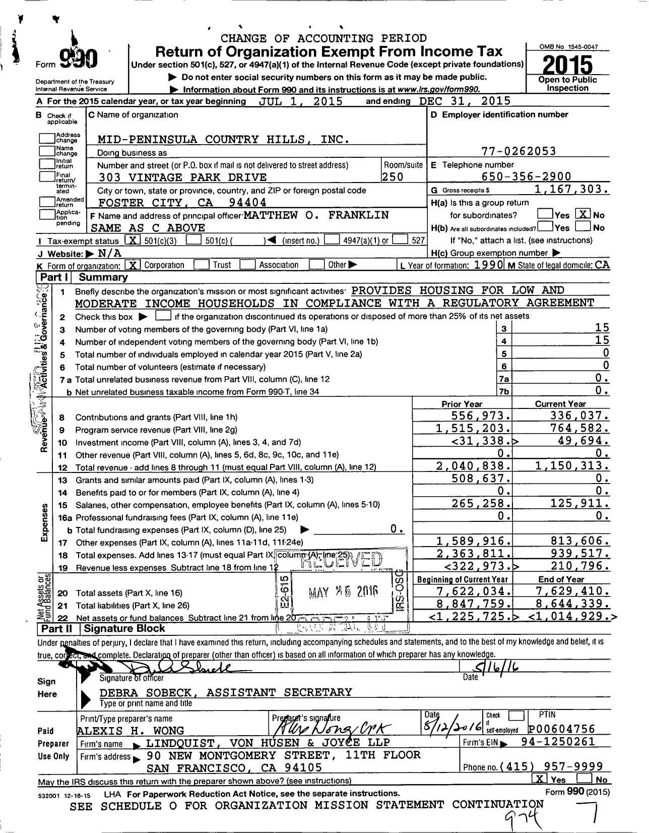 Image of first page of 2015 Form 990 for Mid-Peninsula Country Hills