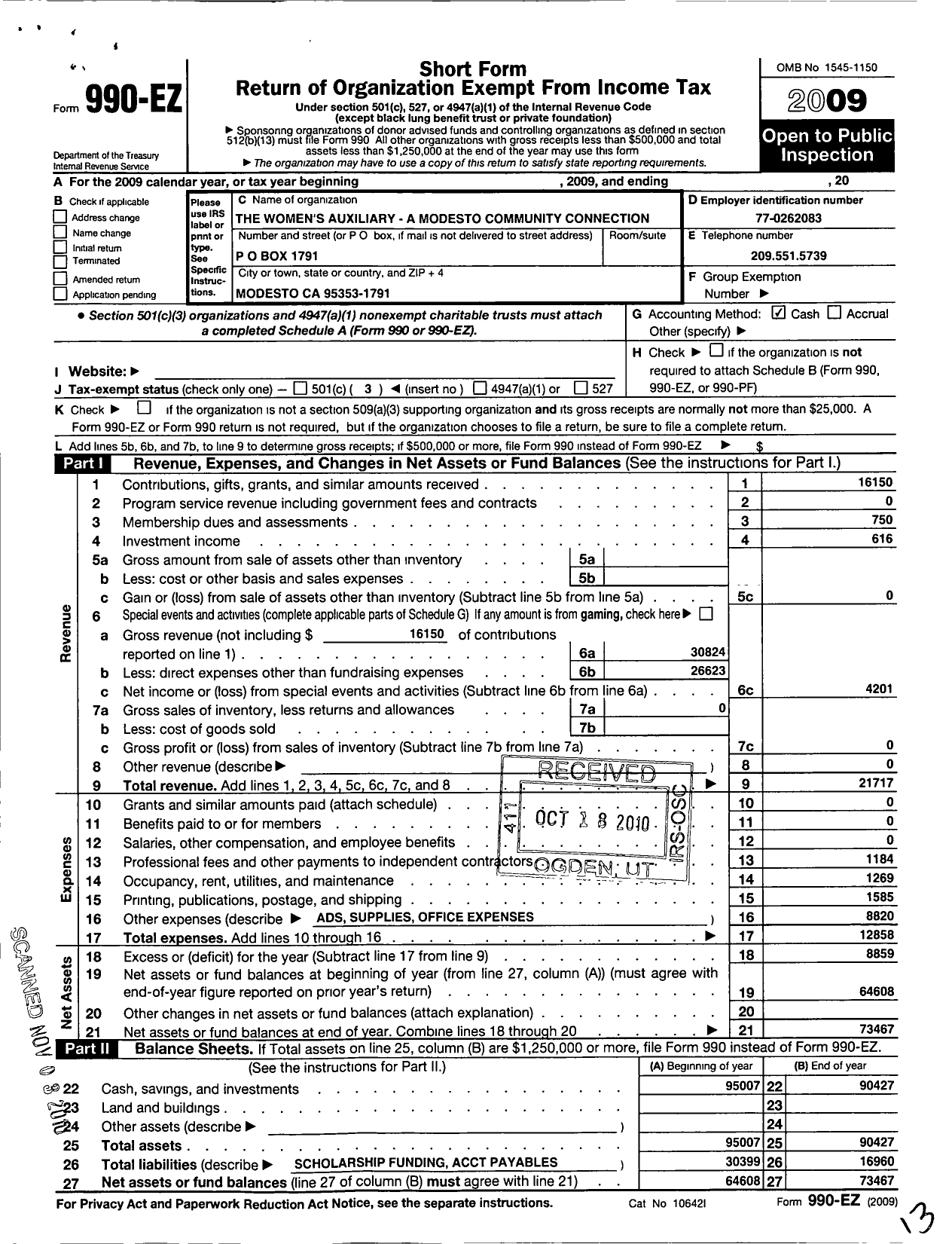 Image of first page of 2009 Form 990EZ for The Womens Auxiliary A Modesto Community Connection