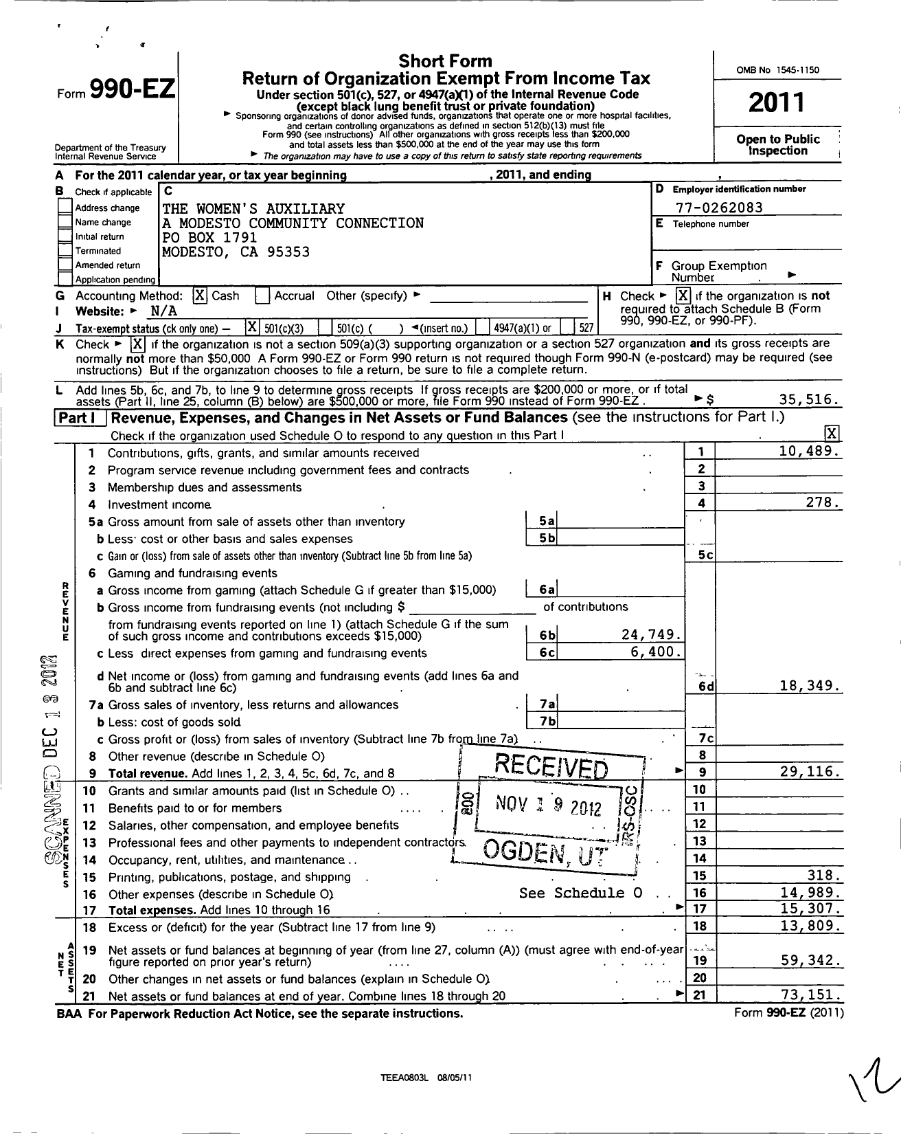 Image of first page of 2011 Form 990EZ for The Womens Auxiliary A Modesto Community Connection