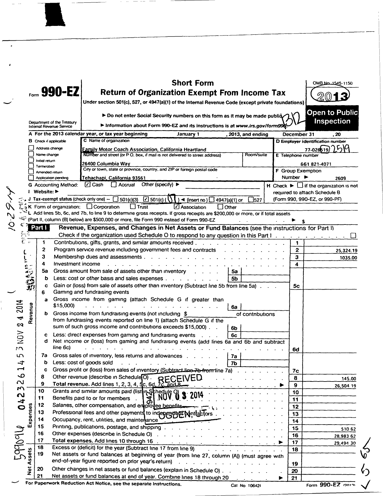 Image of first page of 2013 Form 990EO for Family Motor Coach Association / California Heartland