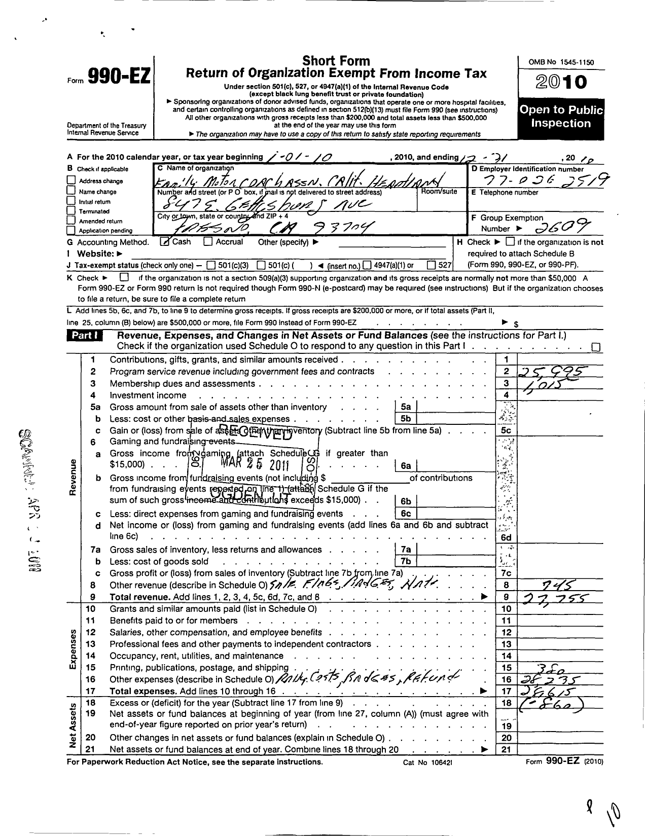 Image of first page of 2010 Form 990EO for Family Motor Coach Association / California Heartland