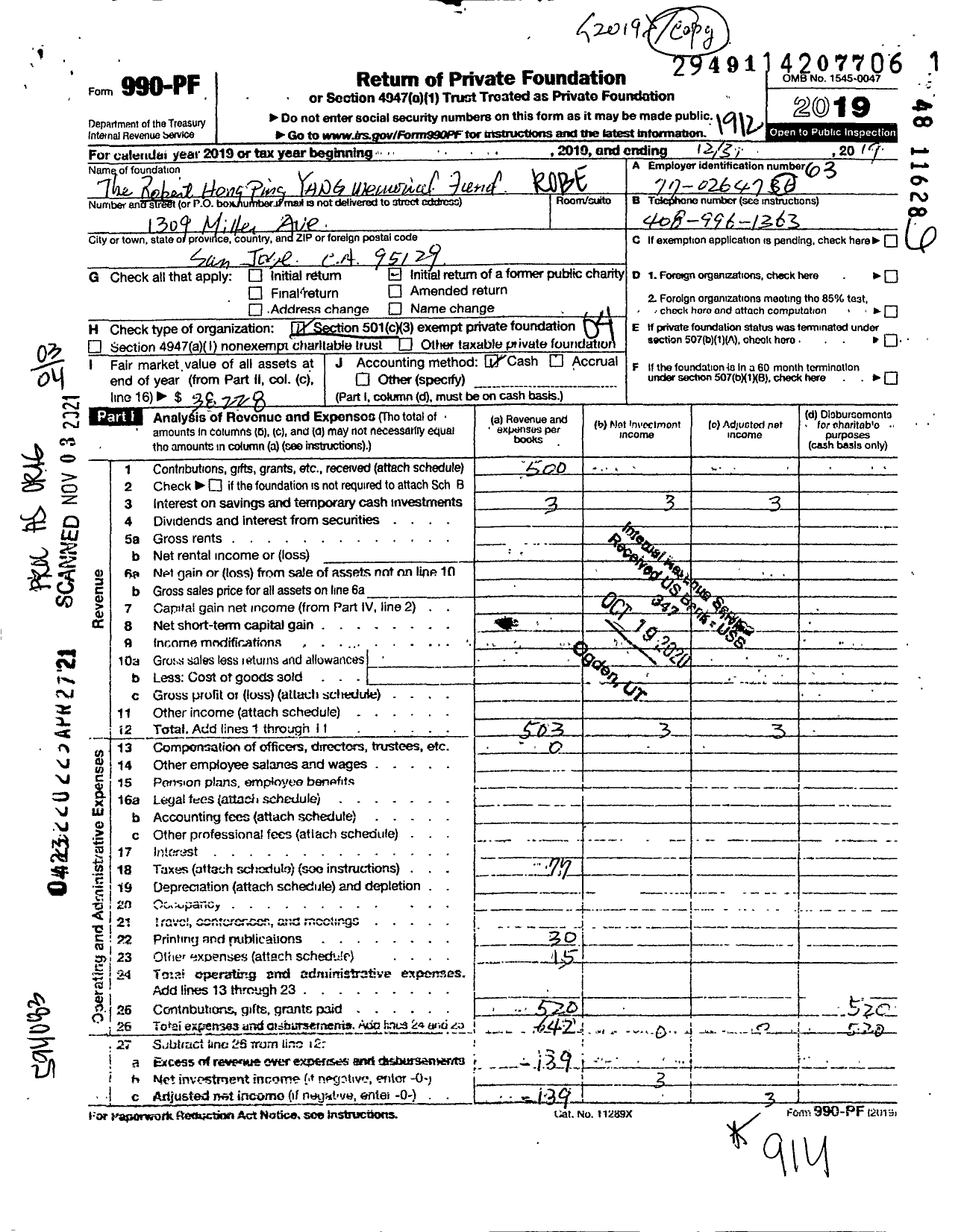 Image of first page of 2019 Form 990PF for The Robert Hong Ping Yang Memorial Fund