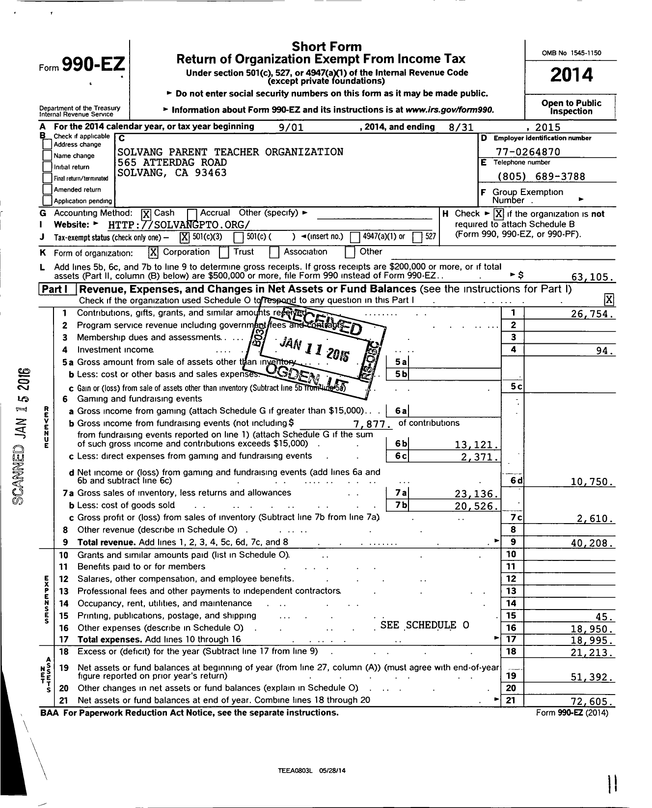 Image of first page of 2014 Form 990EZ for Solvang Parent Teacher Organization