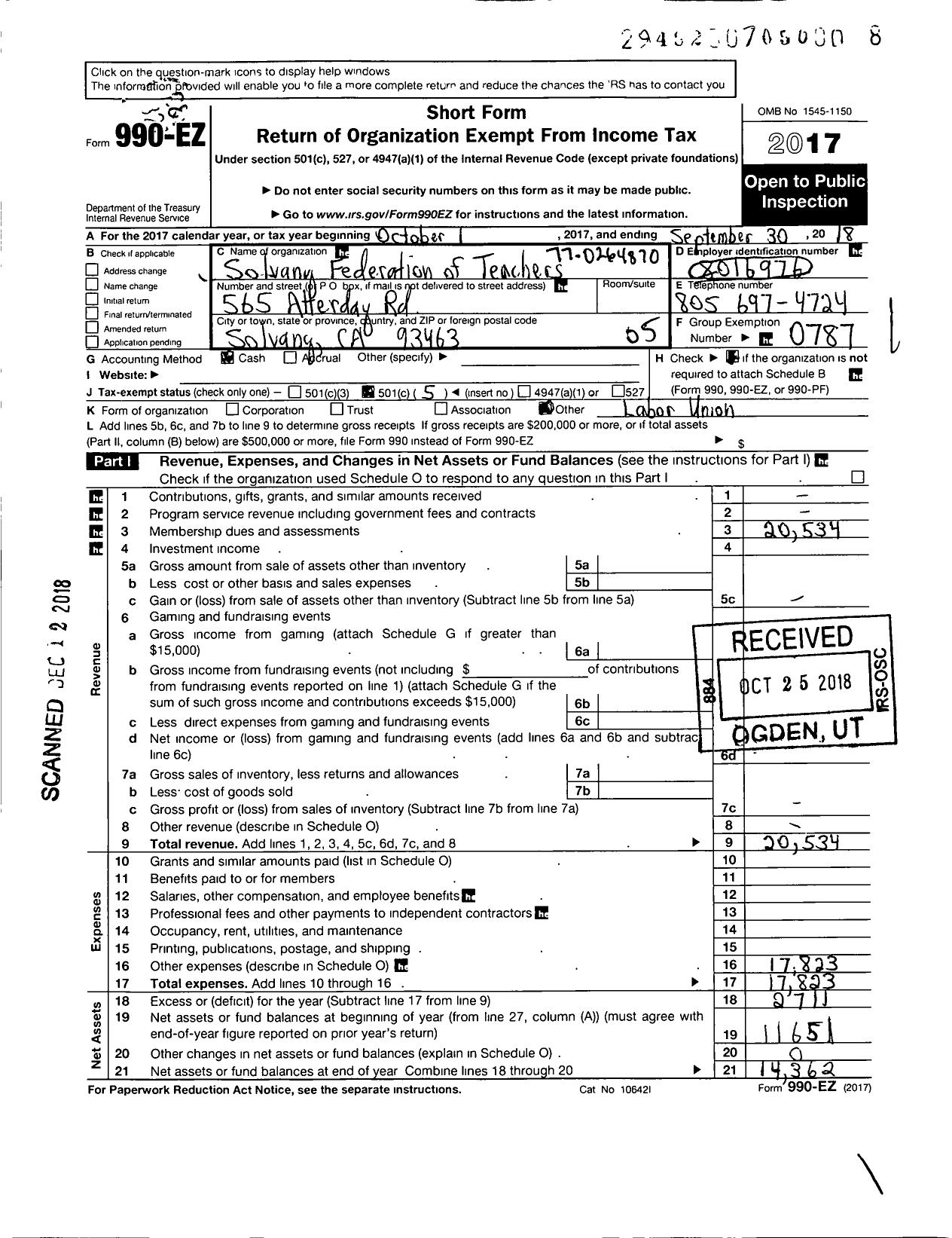 Image of first page of 2017 Form 990EO for Solvang Parent Teacher Organization