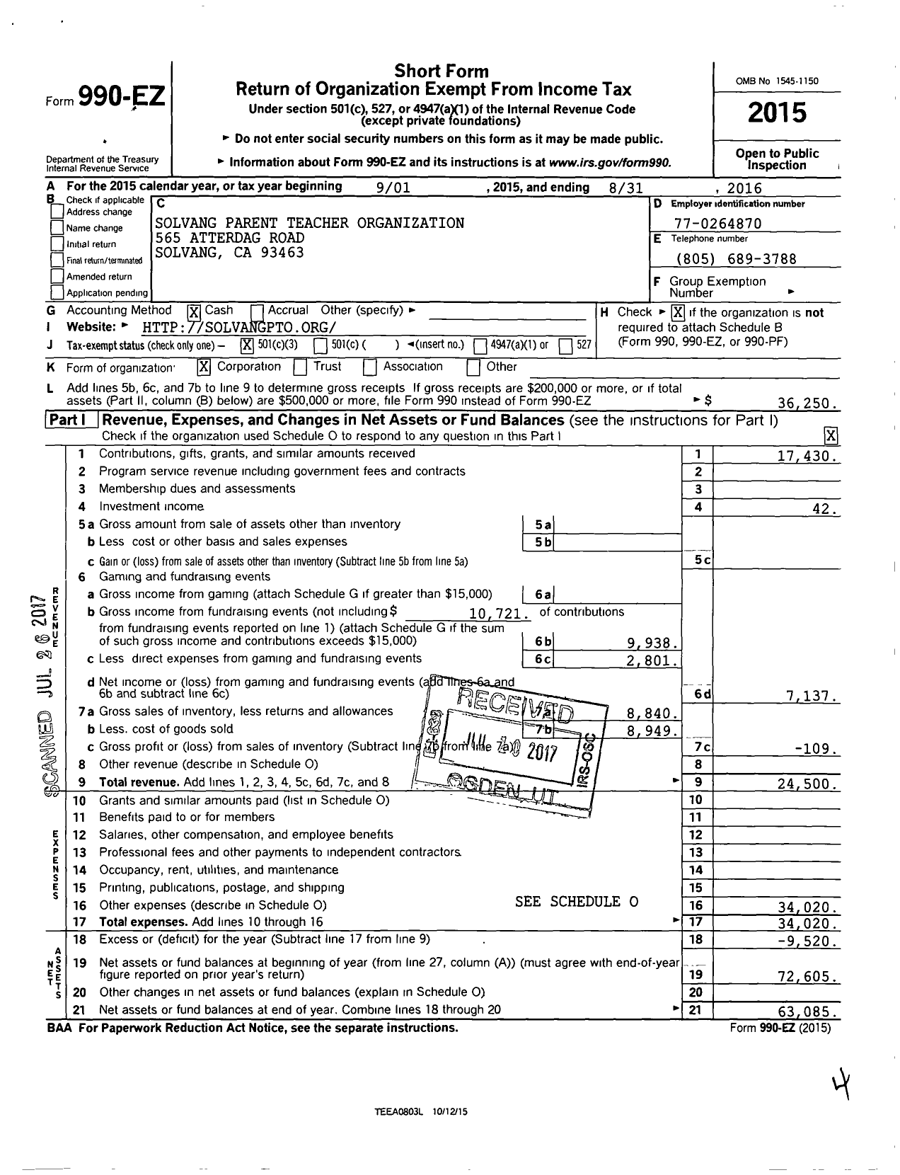 Image of first page of 2015 Form 990EZ for Solvang Parent Teacher Organization