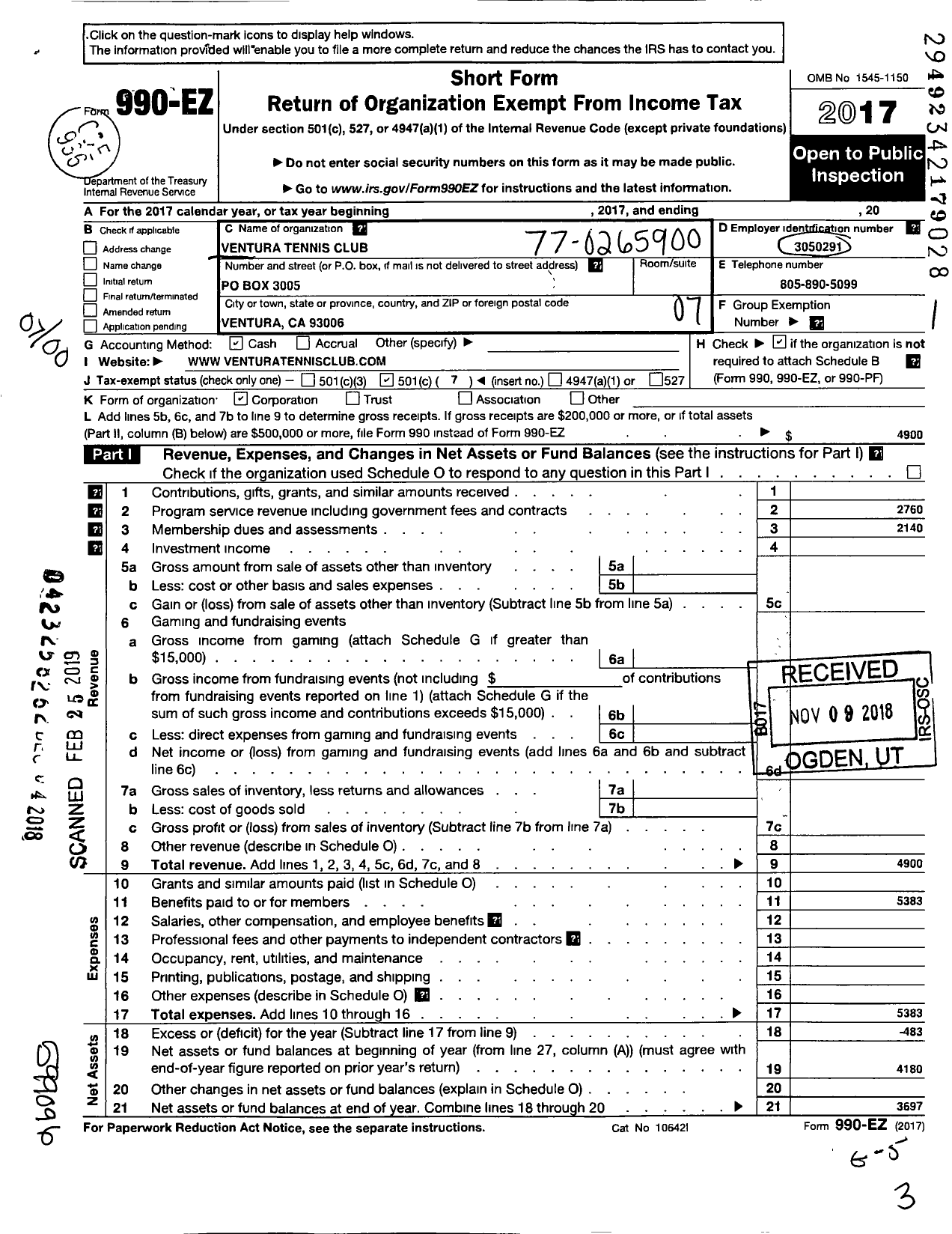 Image of first page of 2017 Form 990EO for Ventura Tennis Club