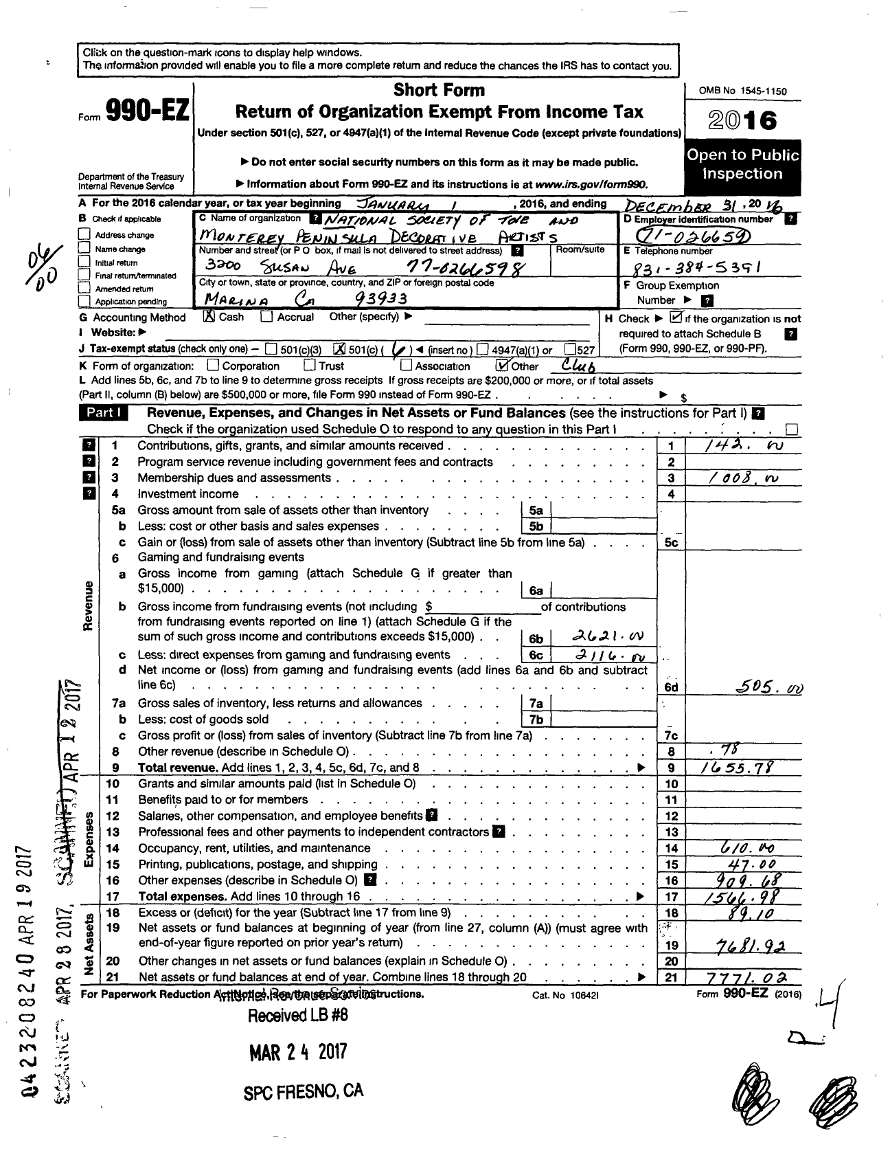 Image of first page of 2016 Form 990EO for National Society of Tole and Decorative Painters / Monterey Peninsula Decorative Art