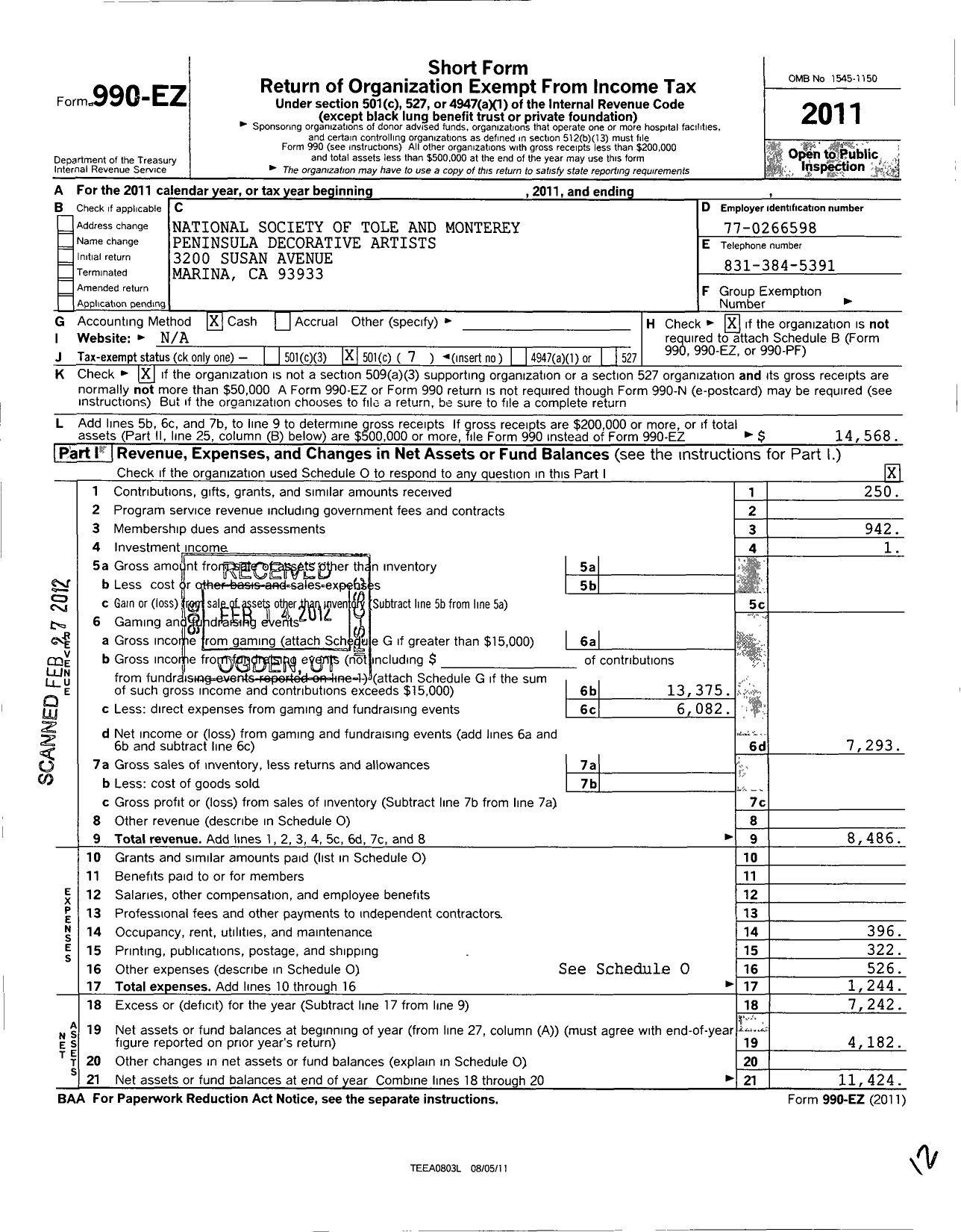 Image of first page of 2011 Form 990EO for National Society of Tole and Decorative Painters / Monterey Peninsula Decorative Art