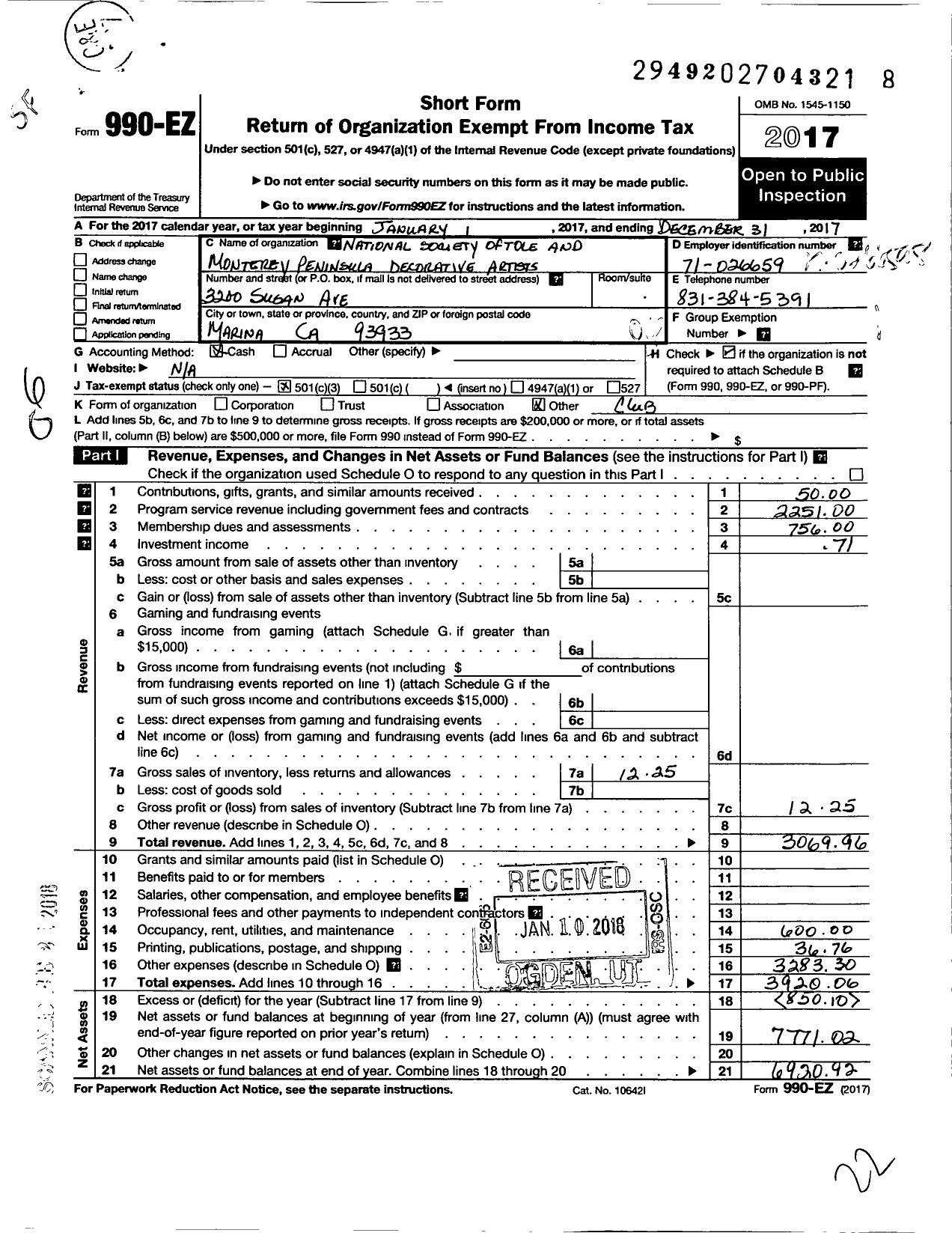 Image of first page of 2017 Form 990EO for National Society of Tole and Decorative Painters / Monterey Peninsula Decorative Art