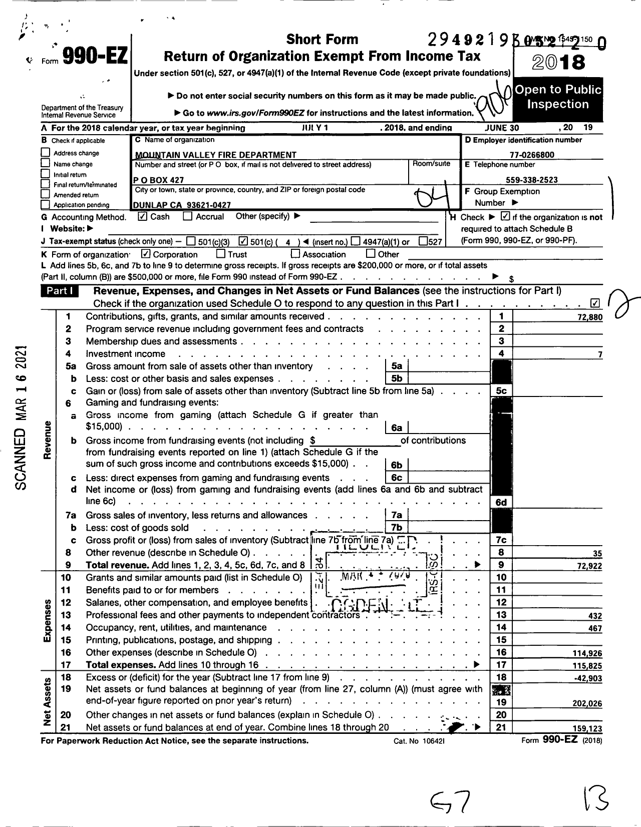 Image of first page of 2018 Form 990EO for Mountain Valley Fire Department