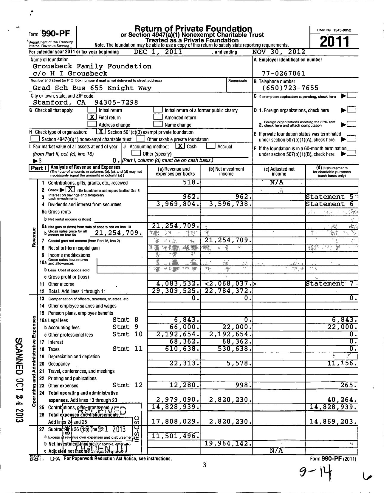 Image of first page of 2011 Form 990PF for Grousbeck Family Foundation