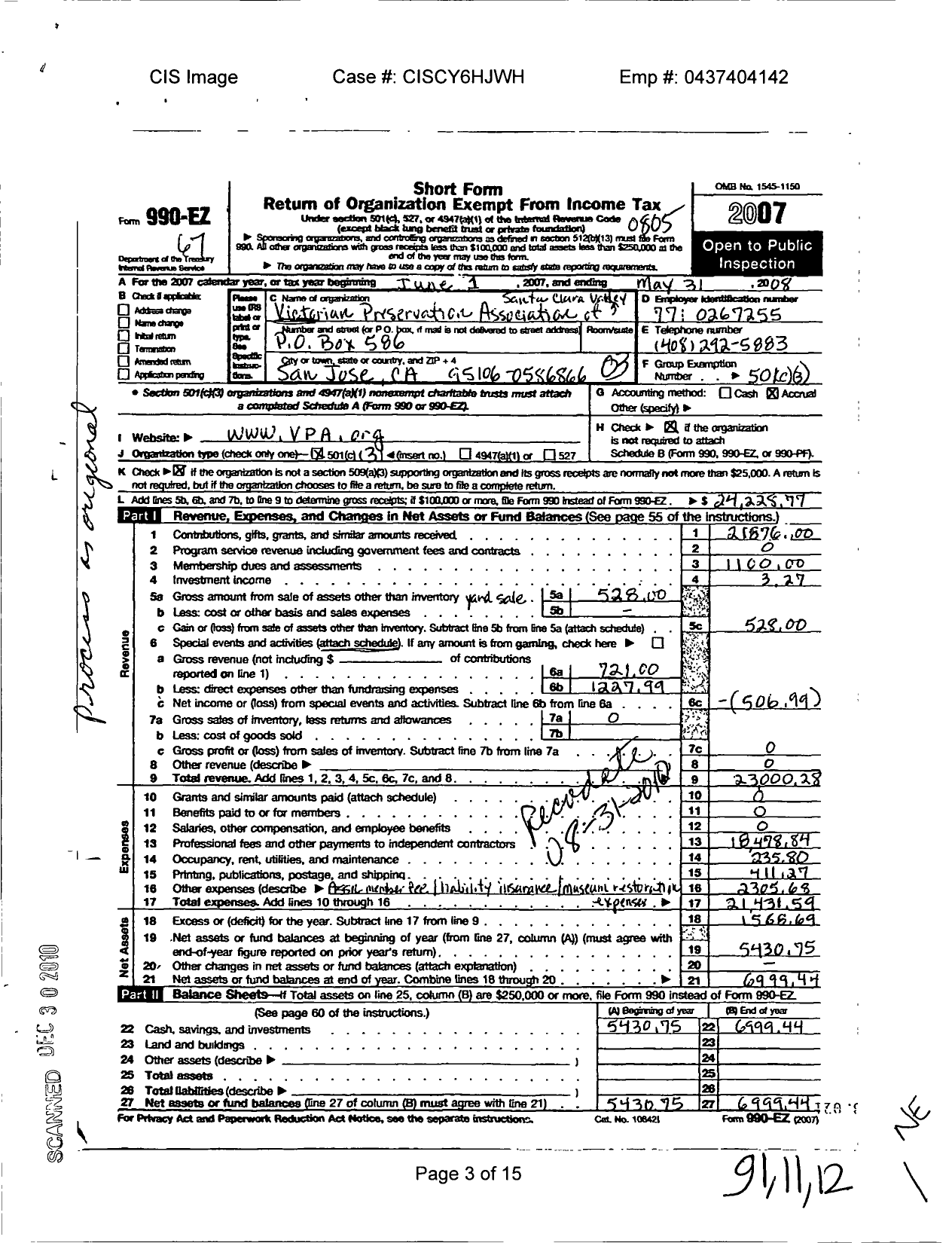 Image of first page of 2007 Form 990EZ for Victorian Preservation Association of Santa Clara Valley