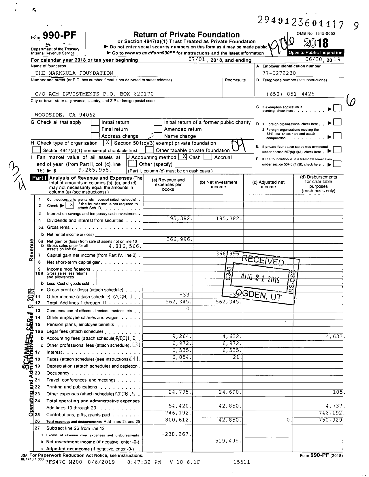 Image of first page of 2018 Form 990PF for The Markkula Foundation