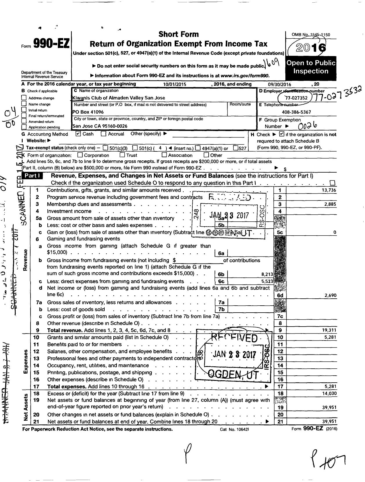 Image of first page of 2015 Form 990EO for Kiwanis International - K12465 Almaden Valley San Jose