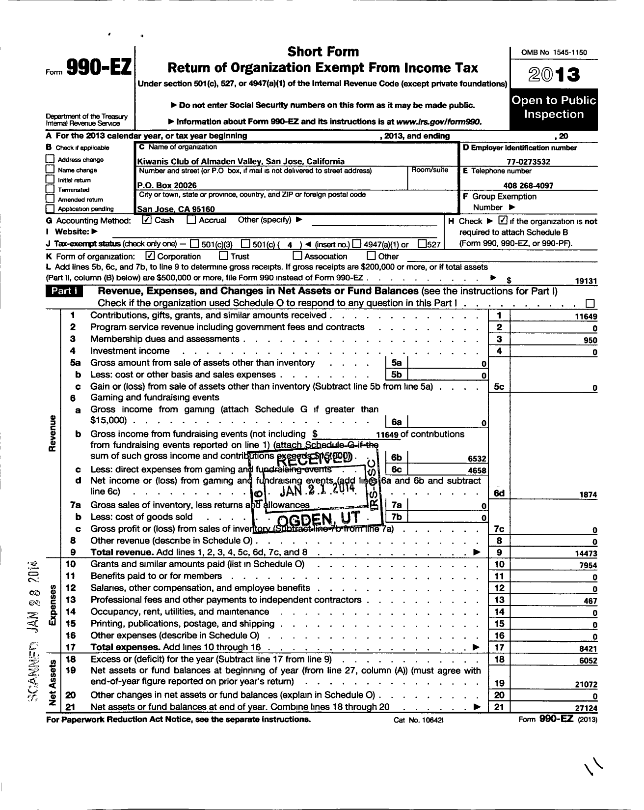 Image of first page of 2013 Form 990EO for Kiwanis International - K12465 Almaden Valley San Jose