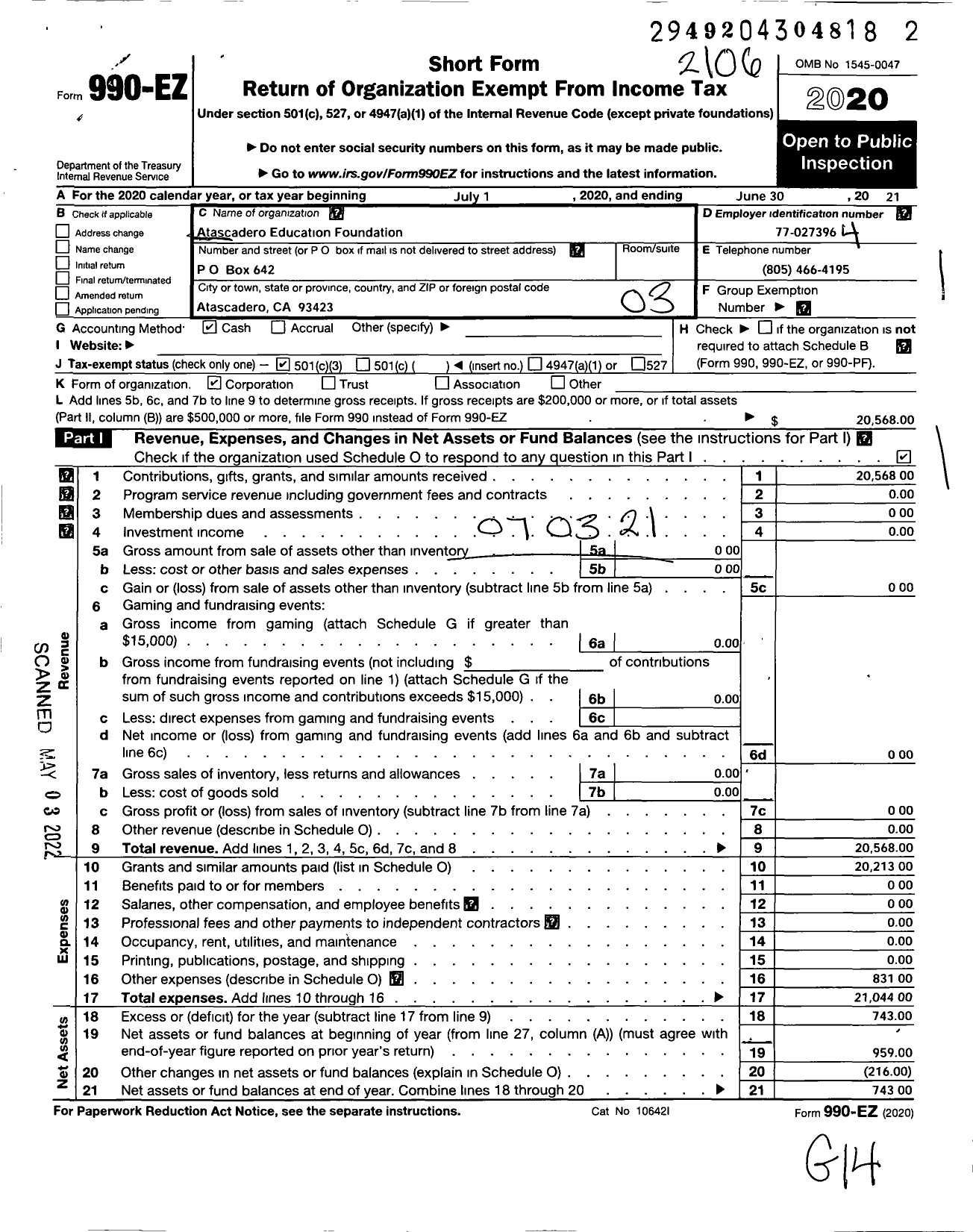 Image of first page of 2020 Form 990EZ for Atascadero Education Foundation