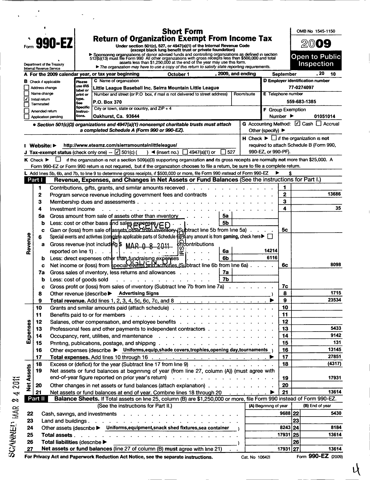 Image of first page of 2009 Form 990EO for Little League Baseball - 4051014 Sierra Mountain LL