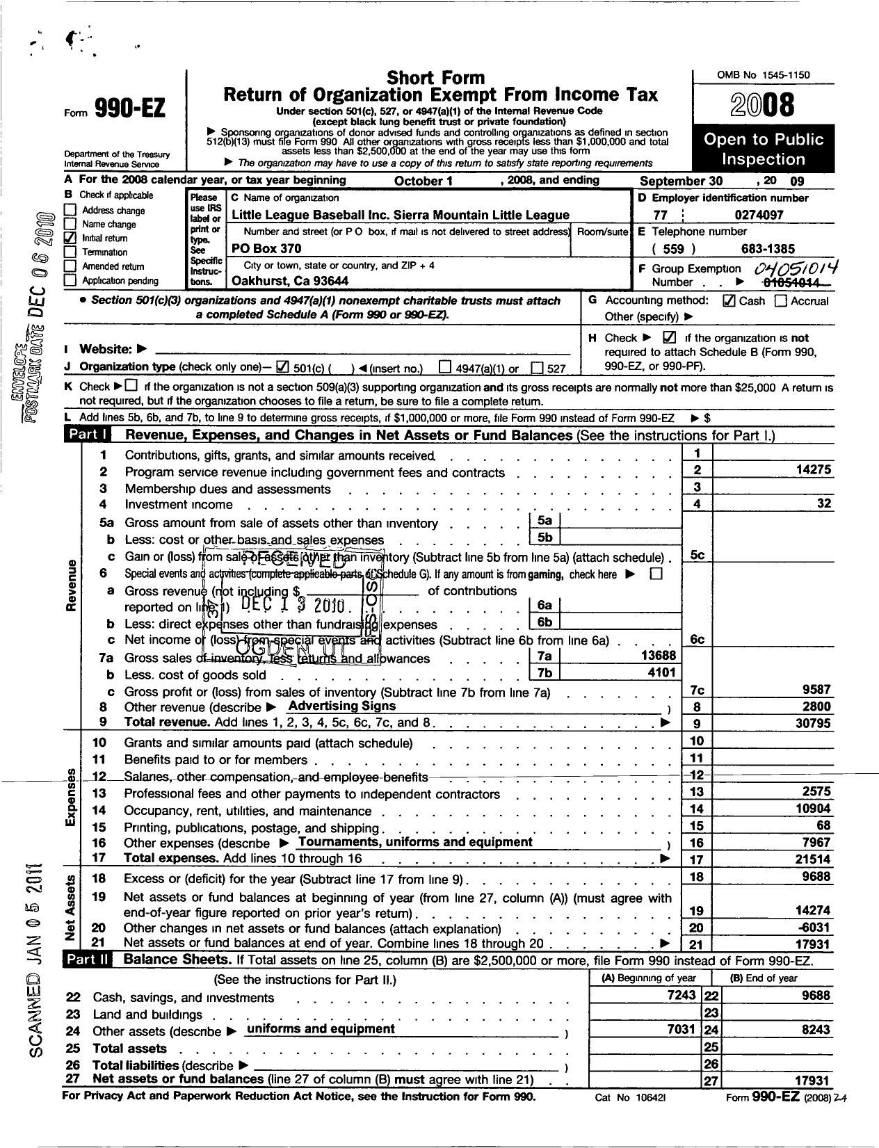 Image of first page of 2008 Form 990EO for Little League Baseball - 4051014 Sierra Mountain LL