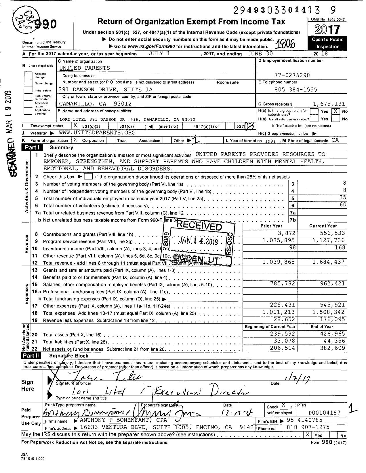 Image of first page of 2017 Form 990 for United Parents