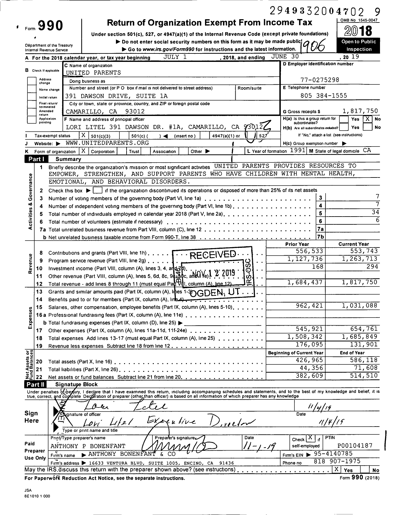Image of first page of 2018 Form 990 for United Parents