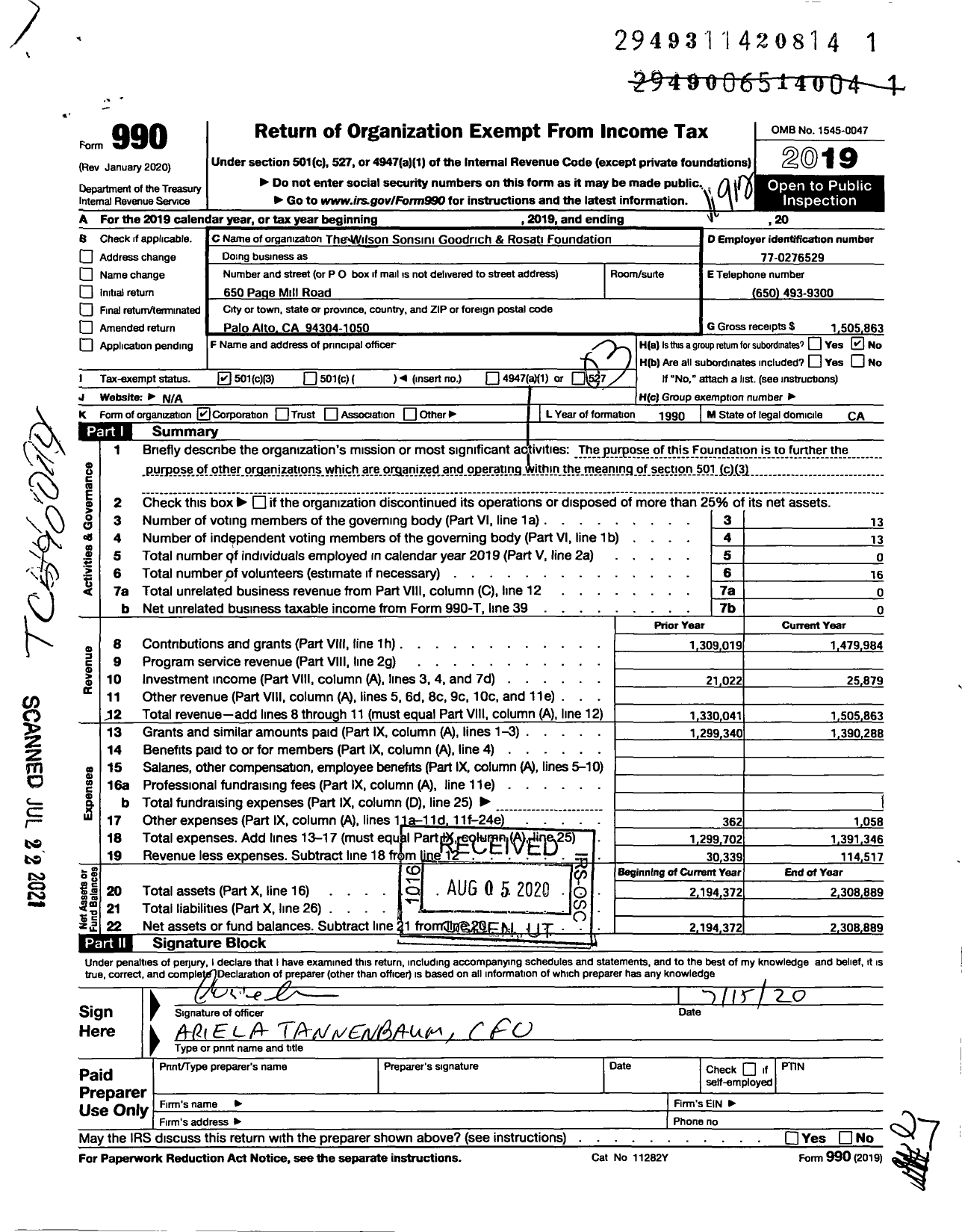 Image of first page of 2019 Form 990 for The WILSON SONSINI GOODRICH and ROSATI FOUNDATION