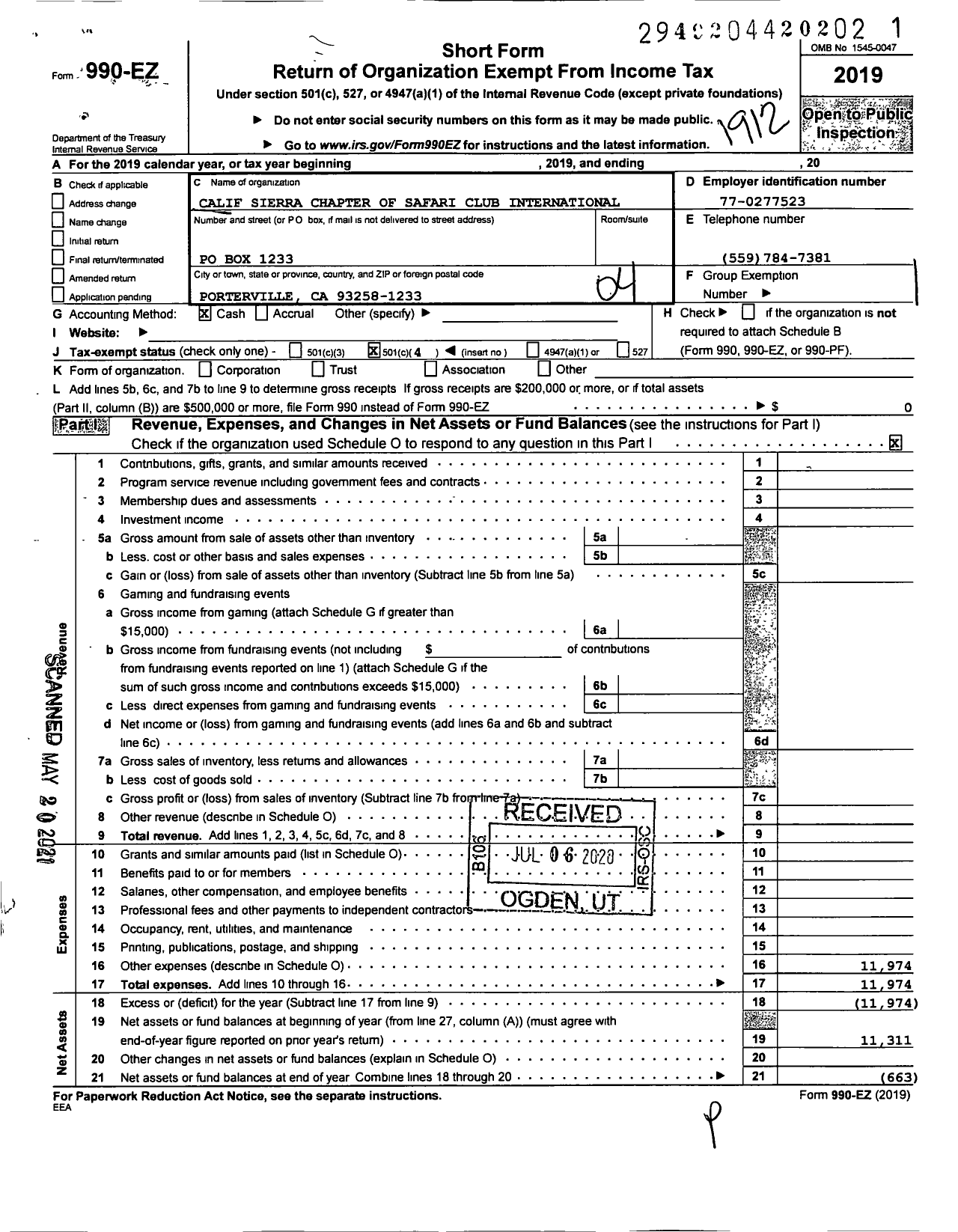 Image of first page of 2019 Form 990EO for Calif Sierra Chapter of Safari Club International