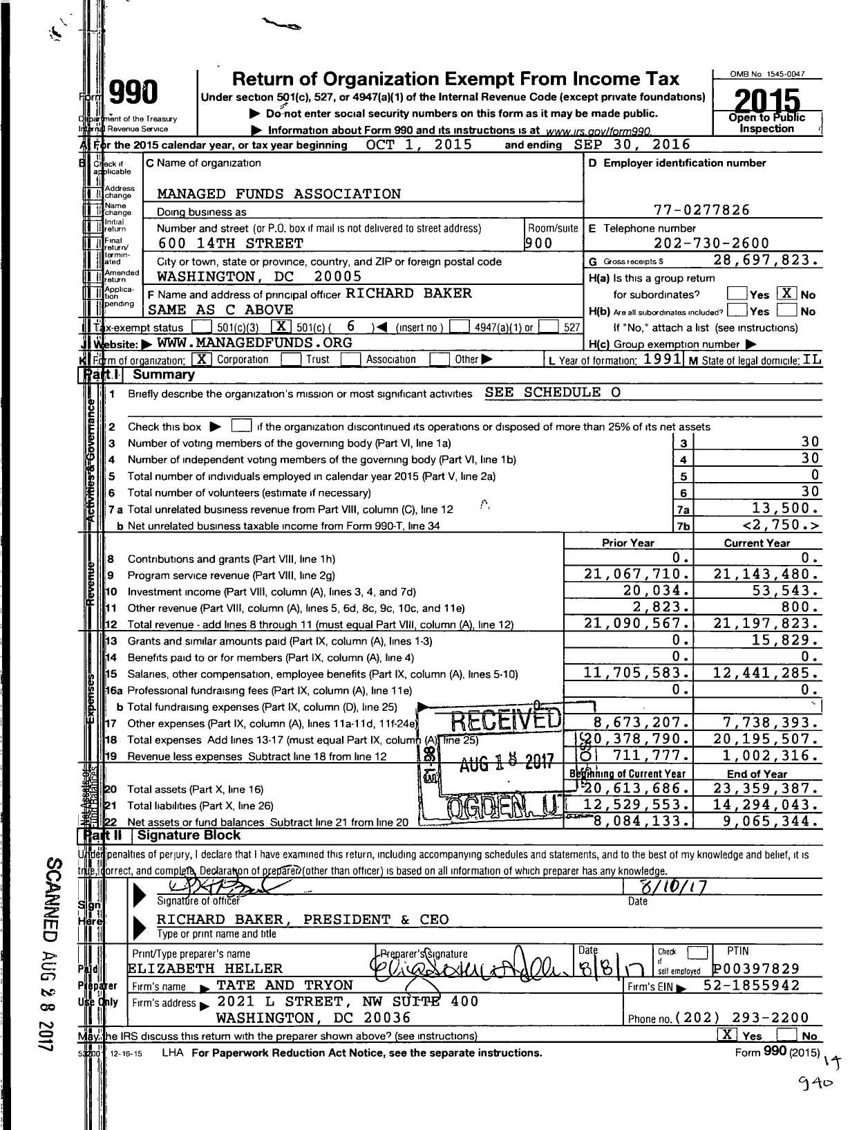 Image of first page of 2015 Form 990O for Managed Funds Association (MFA)