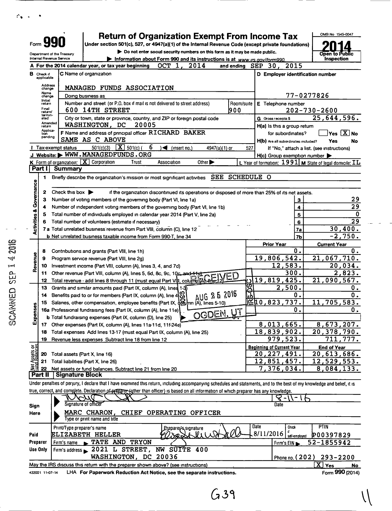 Image of first page of 2014 Form 990O for Managed Funds Association (MFA)