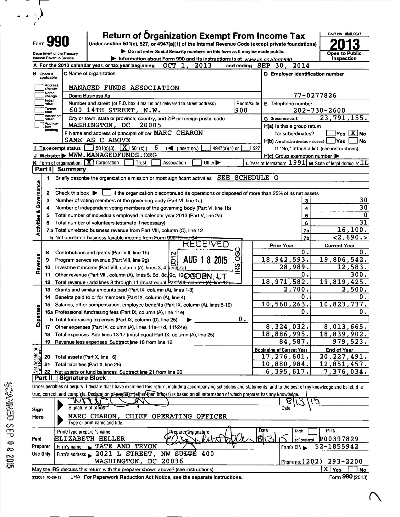 Image of first page of 2013 Form 990O for Managed Funds Association (MFA)